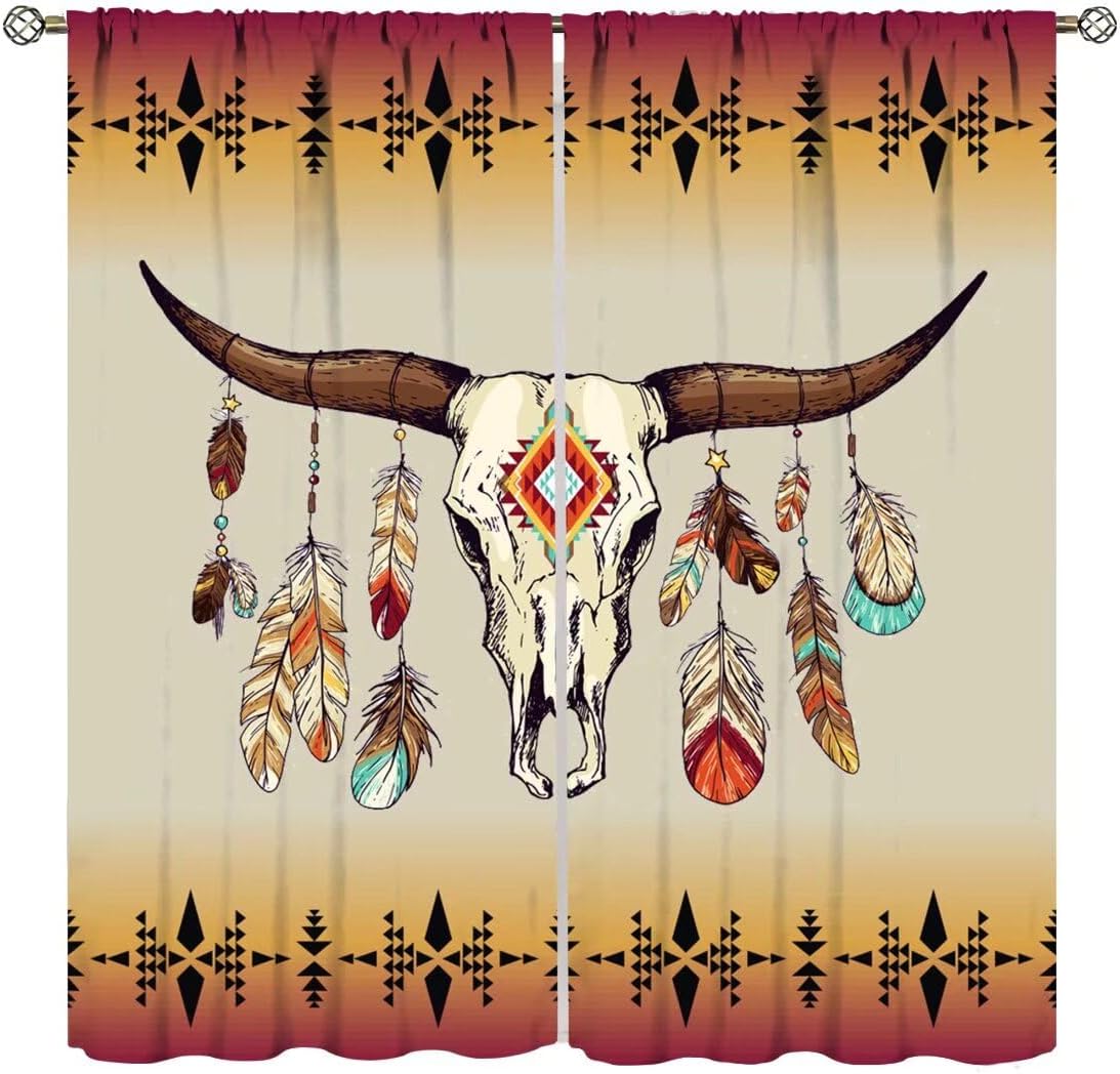 Aztec Skull Curtains for Bedroom,Southwestern Ethnic Native Retro Feathers Window Treatments for Living Room Tribal Boho Bull Skull Pattern Drapes 2 Panels Set,Total Size 42 x 63 Inch
