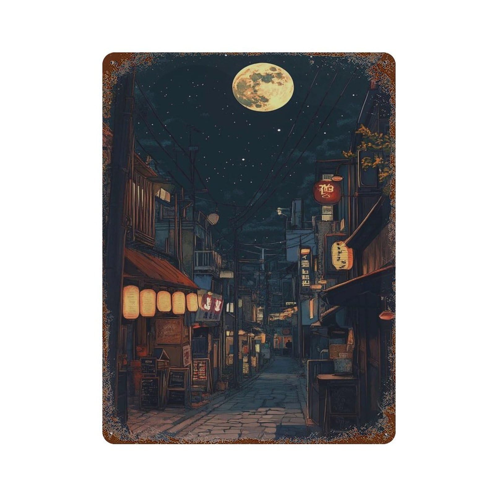 xiaoxiaoshen Moonlit Tokyo Japanese Street Night Lantern Lights in City Urban Scene Moon And Wall Decor Art Metal Tin Poster Modern Home Decor Art Home Bar Shop Decorations Vintage Sign 40x30cm