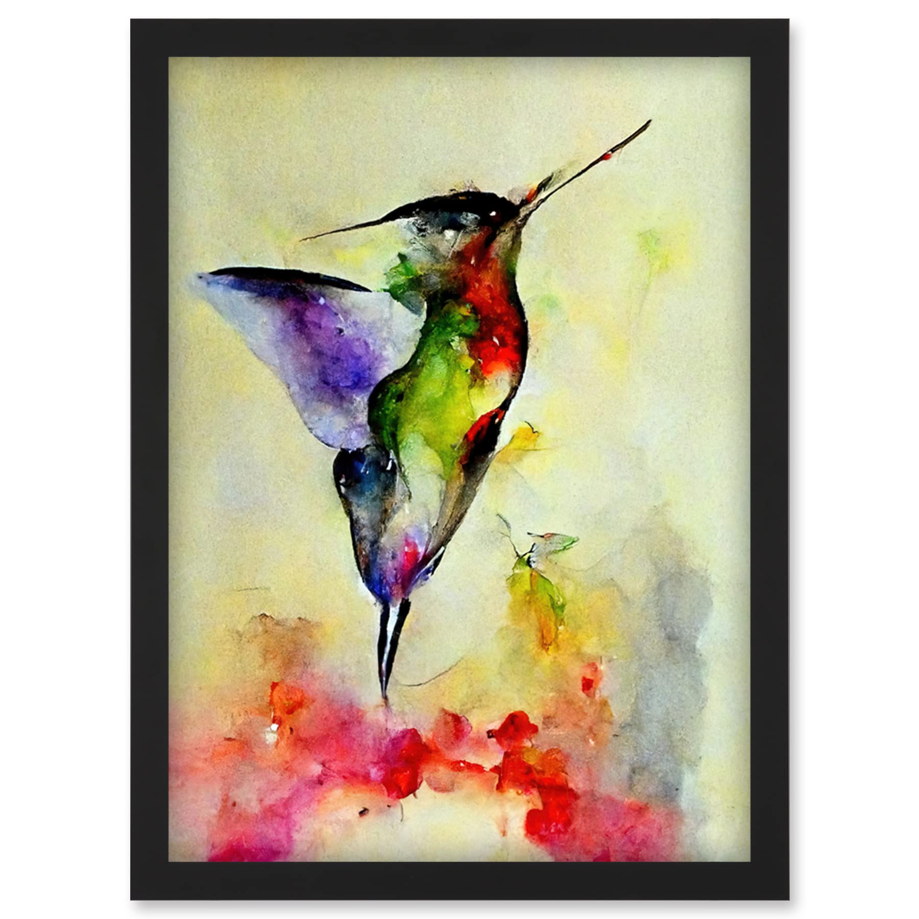 Artery8 A4 Framed Wall Art Print - Abstract Watercolour Artwork - Hummingbird Design