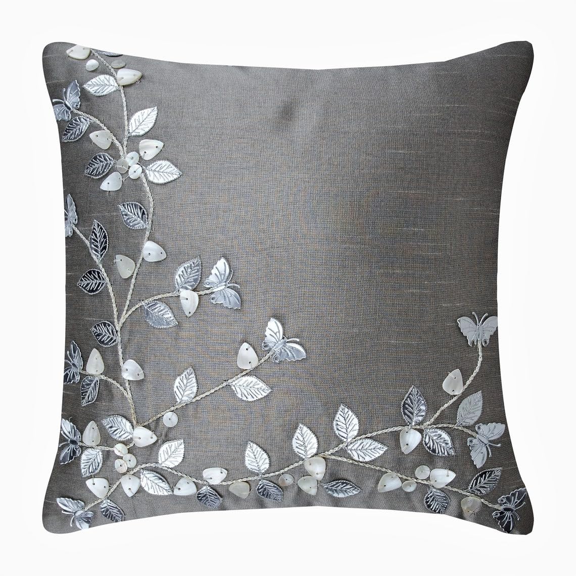 The HomeCentric Silver Shams, Faux Leather and Pearl Leaves Cushion Shams, Pack of 2, 60x60 cm (24"x24") Cushion Sham, Silk Cushion Shams, Contemporary Cushion Shams, Floral PillowCase - Silver Beauty