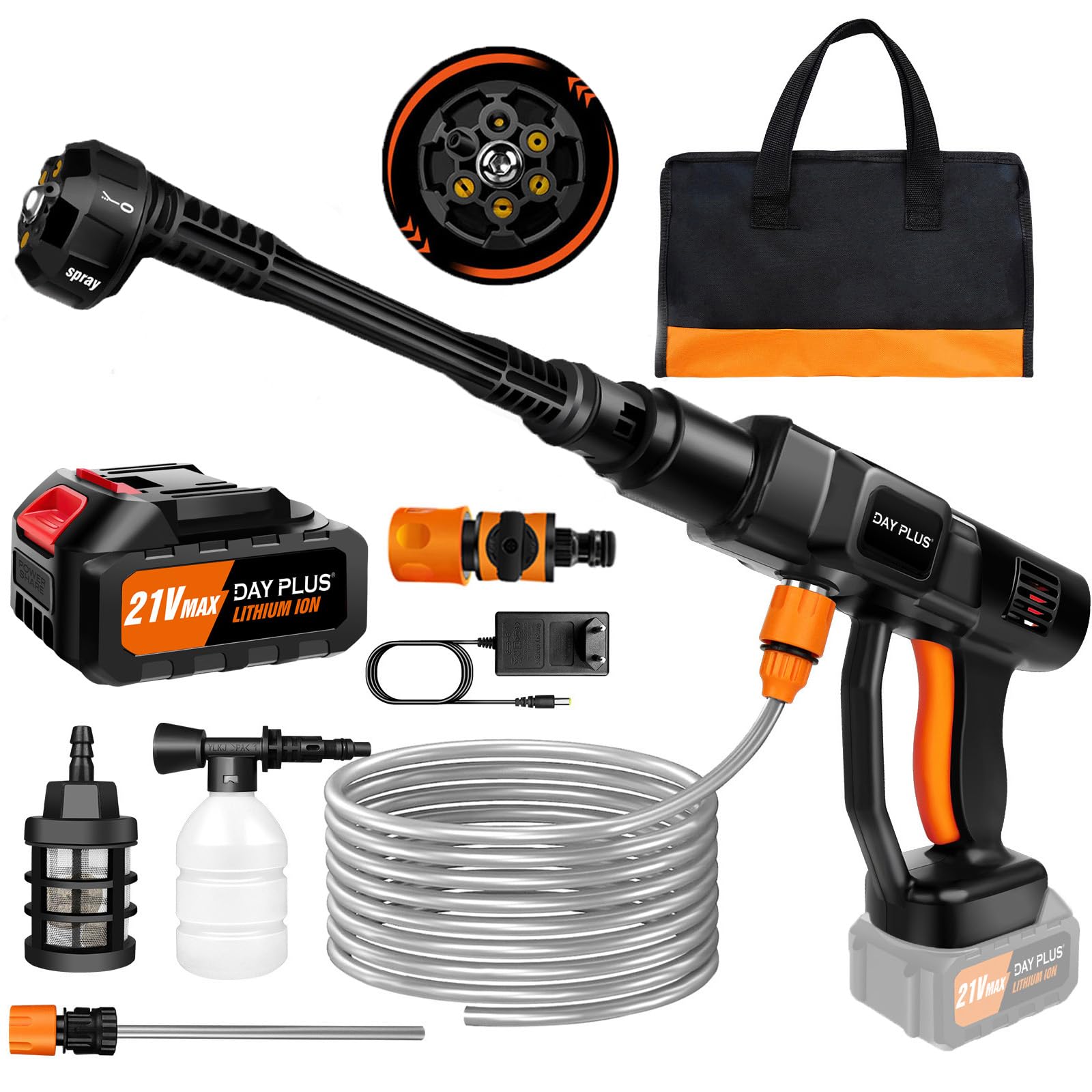 21V 45 Bar/652 PSI Hidrolimpiadora sin Cable, Hidrolimpiadora portátil con batería de 3.0Ah,Boquilla Ajustable 6 en 1,Manguera de 16.4FT Limpiadora a presión para Coche/Suelo/jardín Limpieza y riego
