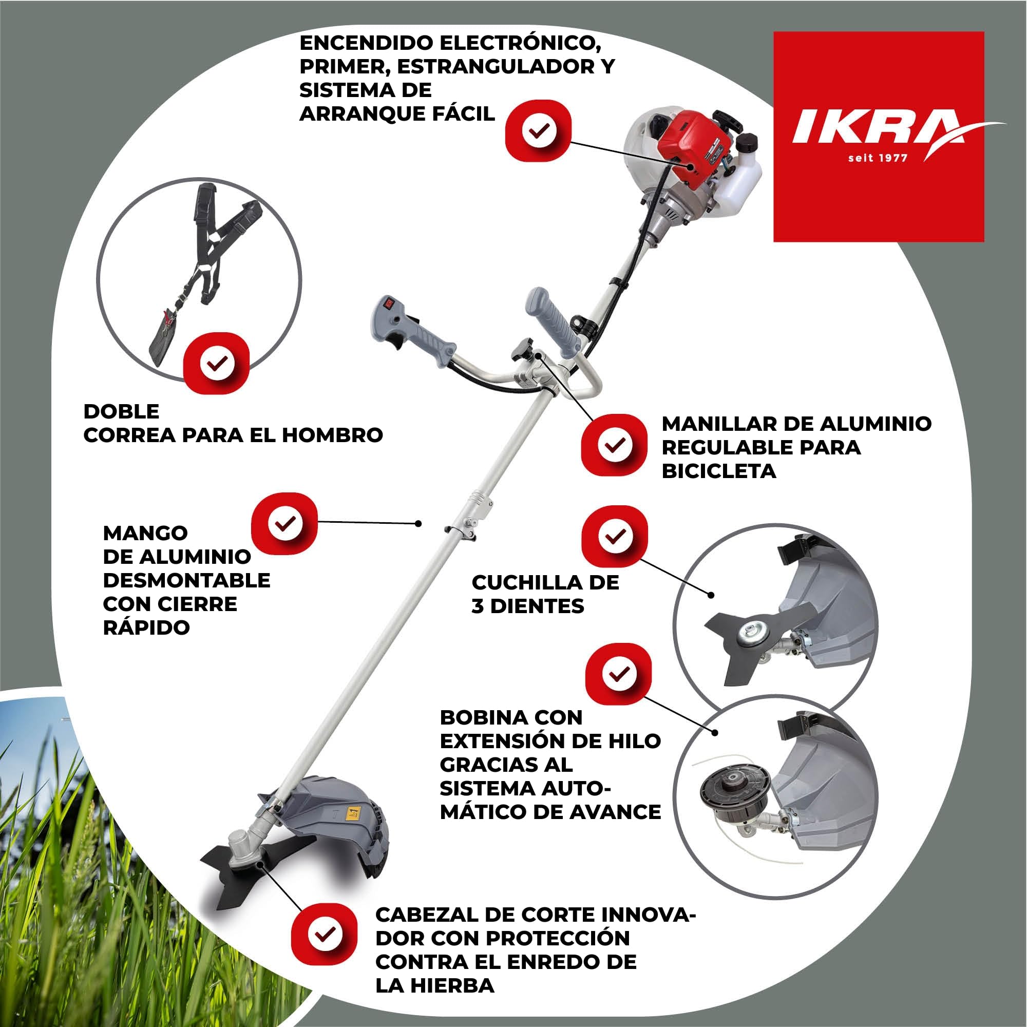 IKRA desbrozadora a Gasolina IBF 43, con Bobina de Hilo y Cuchilla | 42,7cm³ 1,1kW, motor de 2 tiempos, cambio de filtro de aire sin herramientas, empuñadura de aluminio ajustable tipo bicicleta