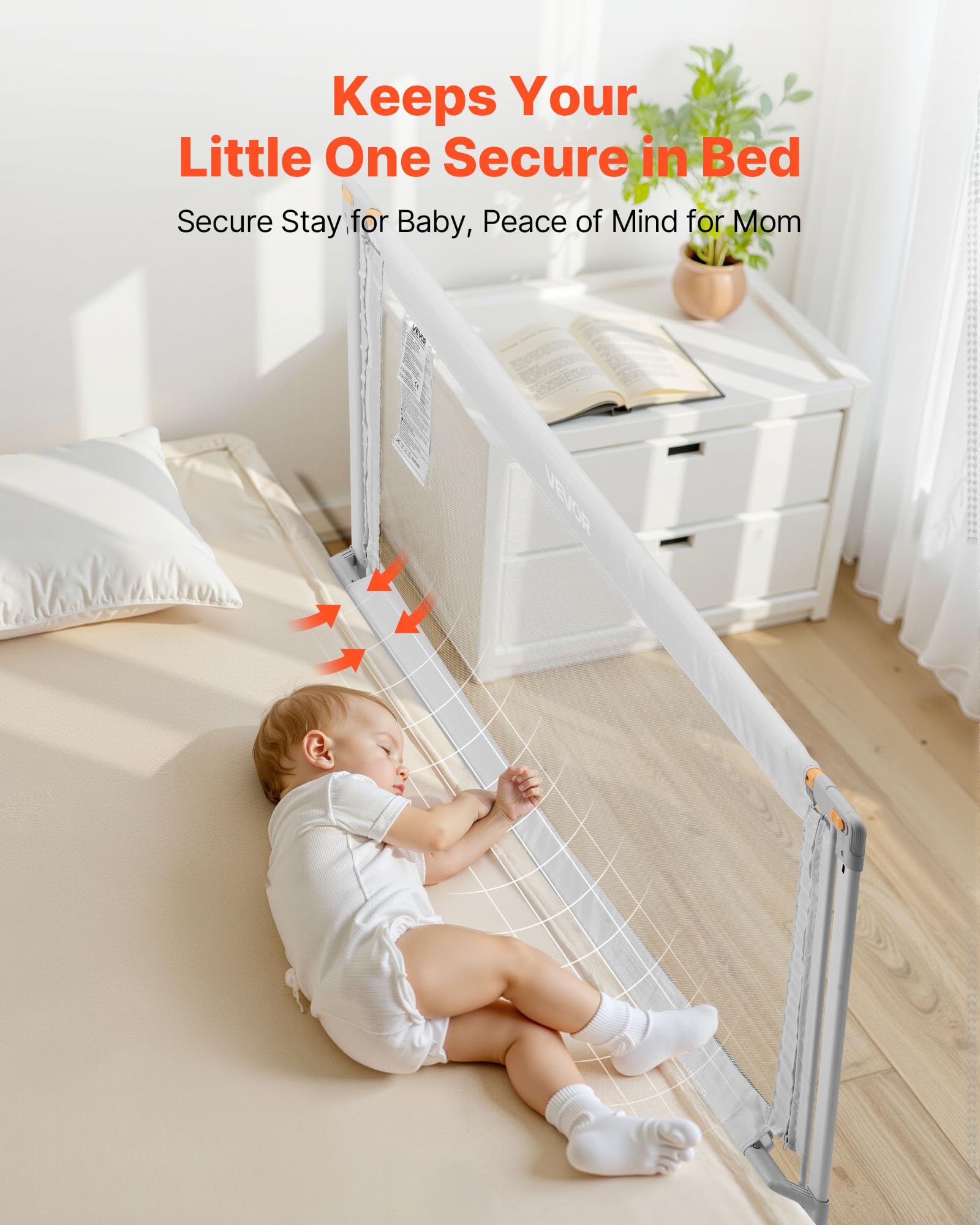 VEVOR Sponda per Letto per Bambini Lunghezza 1,5 m, Barriera Protettiva per Letto per Bambini Neonati con Tubo di Ferro Rinforzato, Tessuto Oxford, Altezza Regolabile 68-89 cm, Barriera per Letto