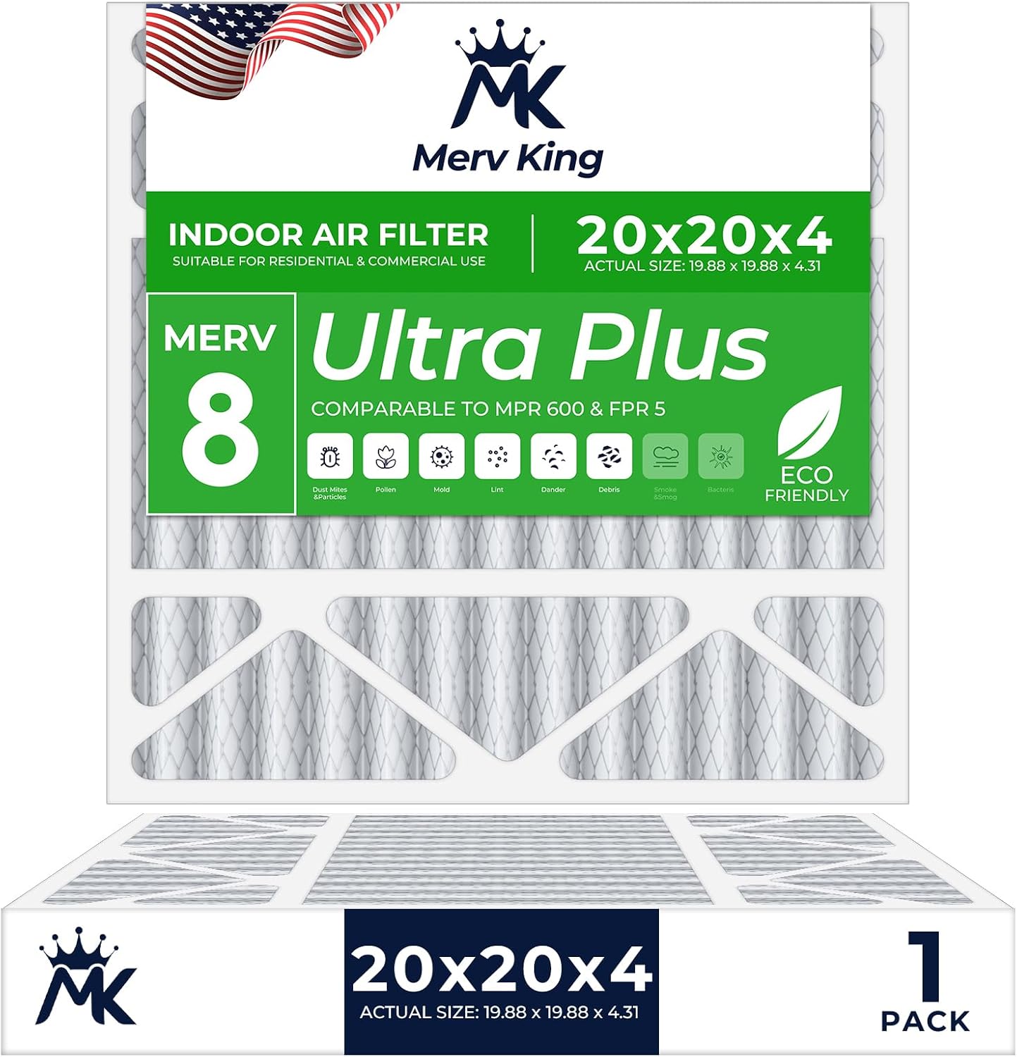 MervKing 20x20x4 Air Filter Actual Size: 19.88" x 19.88" x 4.31" MERV 8 MPR 600-700 | MADE IN USA | 1-Pack | Pleated HVAC AC Furnace Replacement