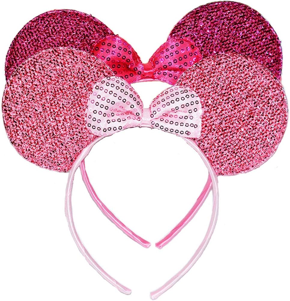 Set of 2 Mouse Ears Headband for Parties and Trips (Pink Rose Sequin)