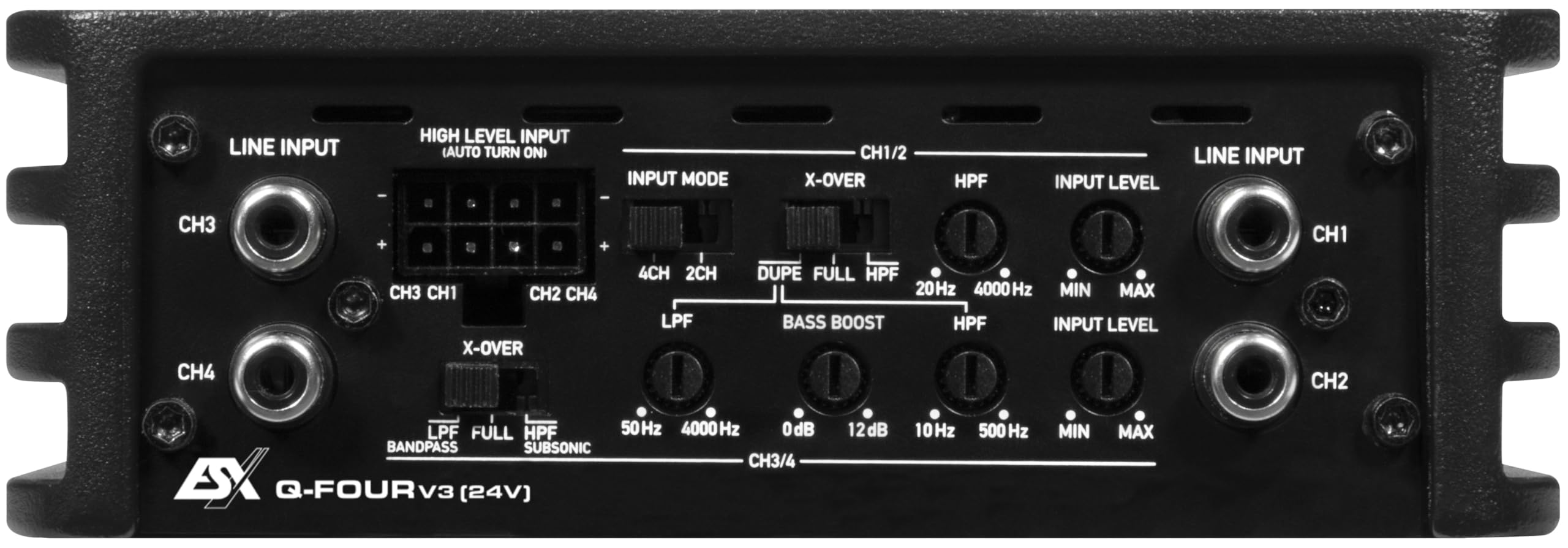 ESX Q-FOURv3-24V - Amplificador digital compacto de 4 canales Clase D | 4 x 100/120 W RMS @ 4/2 ohmios de la serie Quantum | 24 voltios