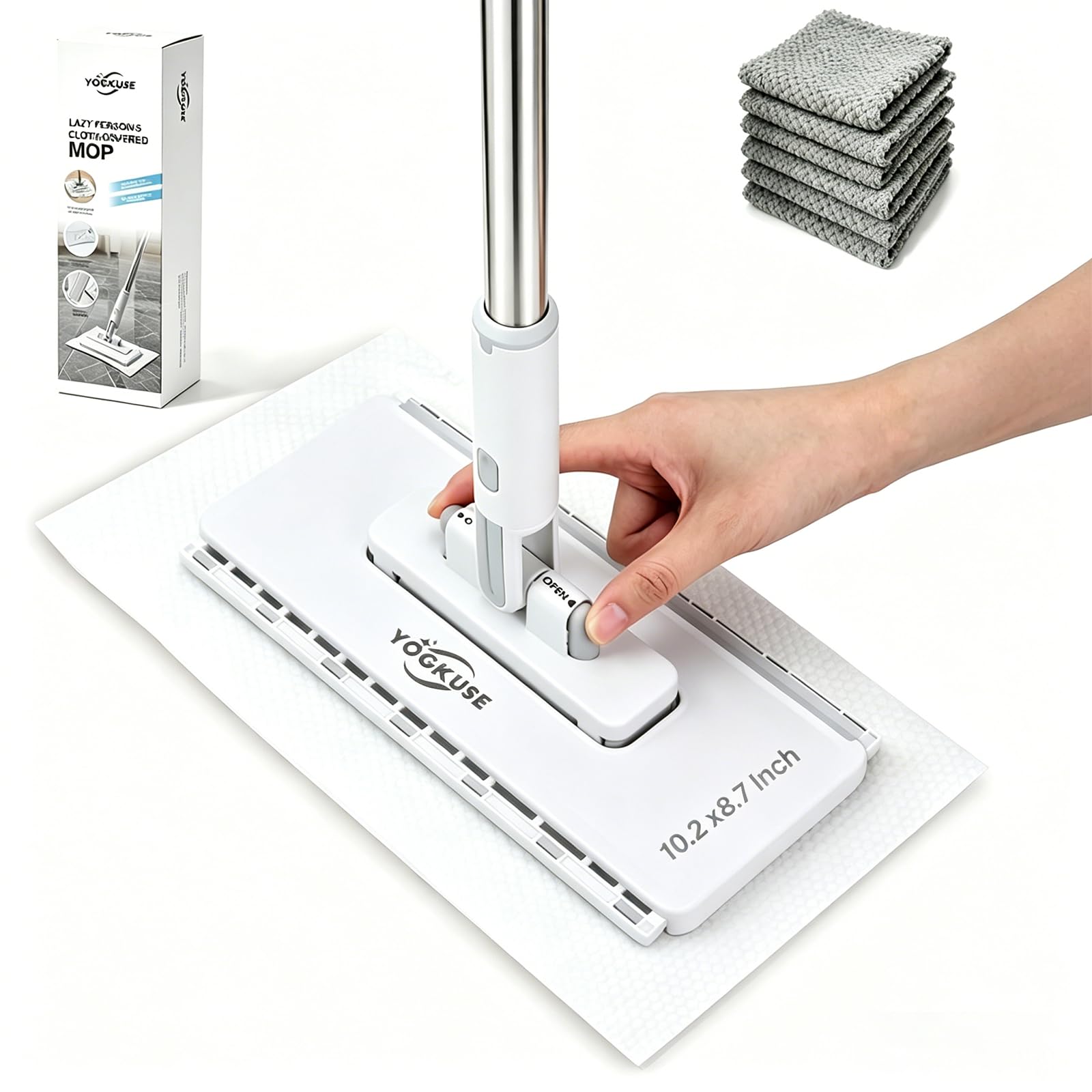 Grope Thing Mop,Hands Free Flat Mop One Click,Hands Free Multi Purpose Flat Mops, Snap Grip Mini Mops,360° Rotation Head,48'' Long Handle,Dry and Wet Use,Suitable for Whole House Cleaning(6 Cloths)