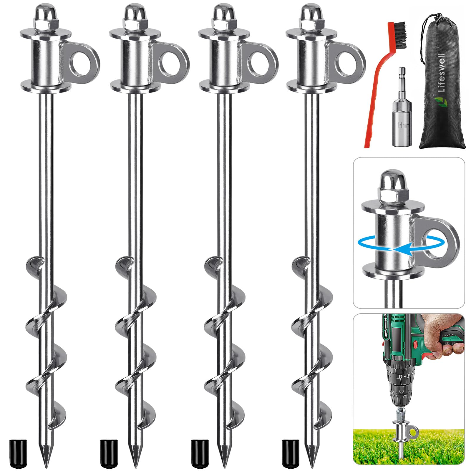 4 Stück Erdanker Bodenanker Heringe Camping - 32.5CM Zeltheringe,Vollständig Verschweißt, Einfach Einzuschrauben und Wiederverwendbar, für Campingzelte, Trampoline, Schuppen, Sicherung von