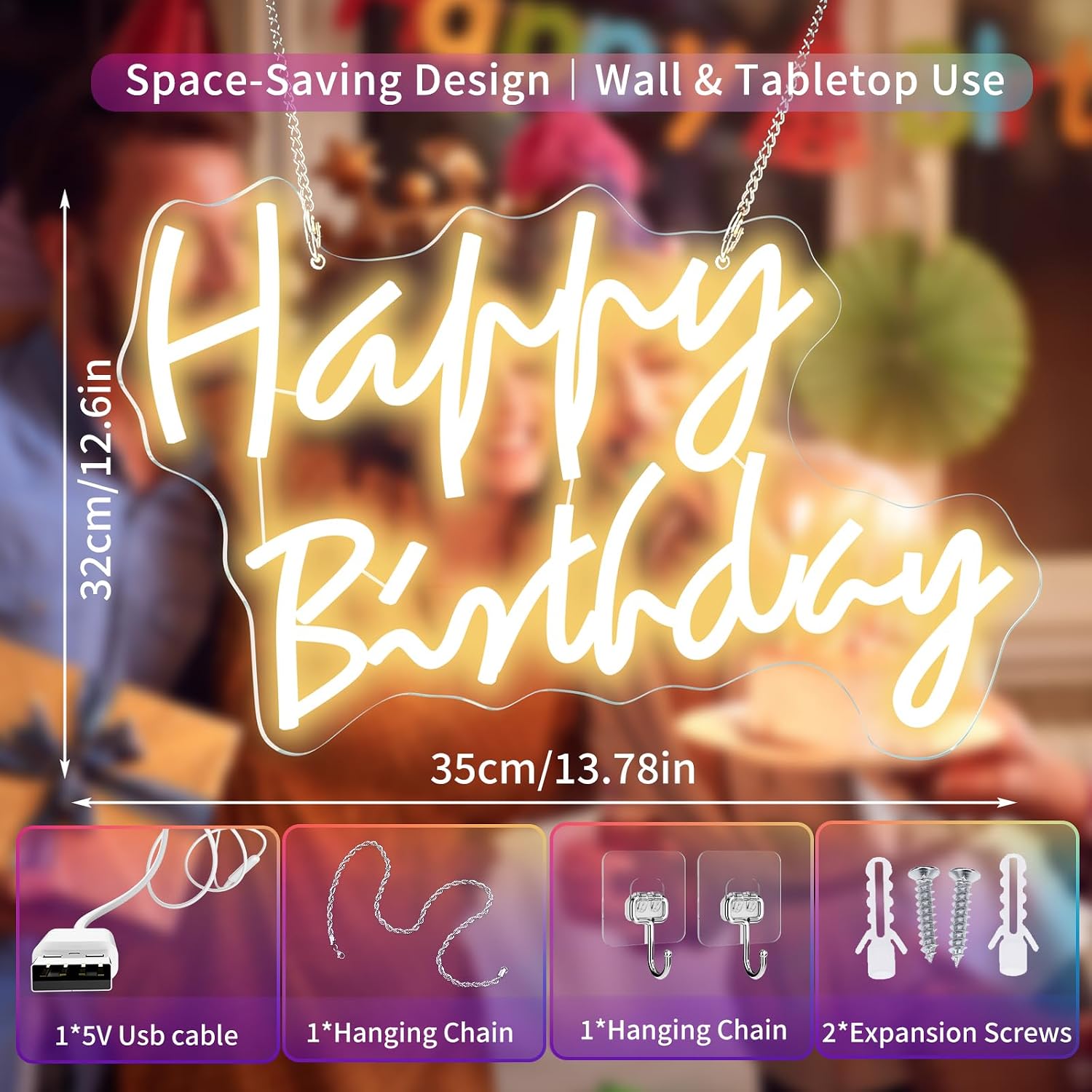 RGB Led Happy Birthday Neon Lights, 13.78" x12.6'' Dimmable 9 Colors Light Up Sign for Birthday Party Decorations, Wall Decor with USB Power image 4