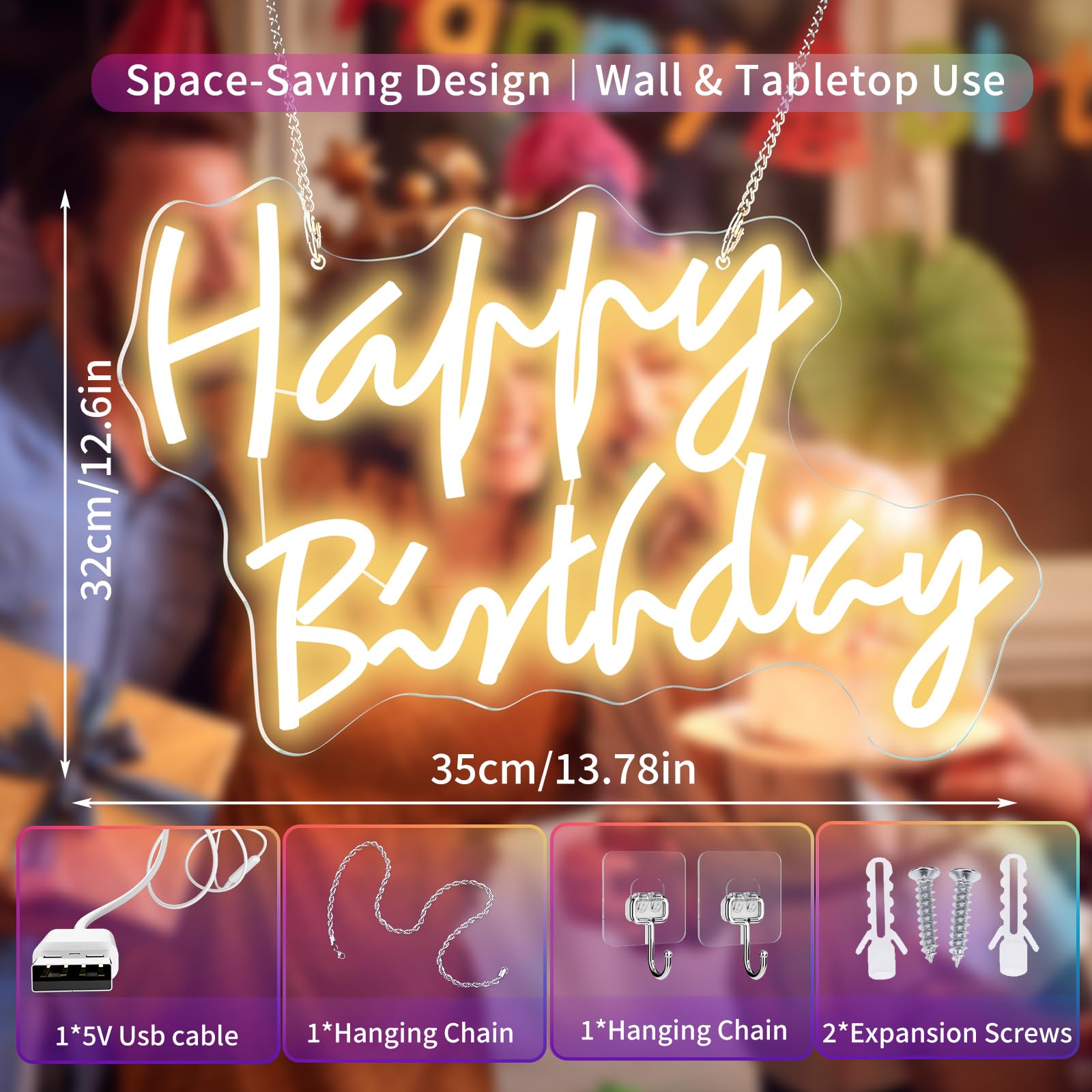 Neonowe światła Happy Birthday [9 kolorów RGB] – 47 cm x 35 cm, ściemniany znak świetlny na przyjęcie urodzinowe, dekoracja ścienna z zasilaniem USB