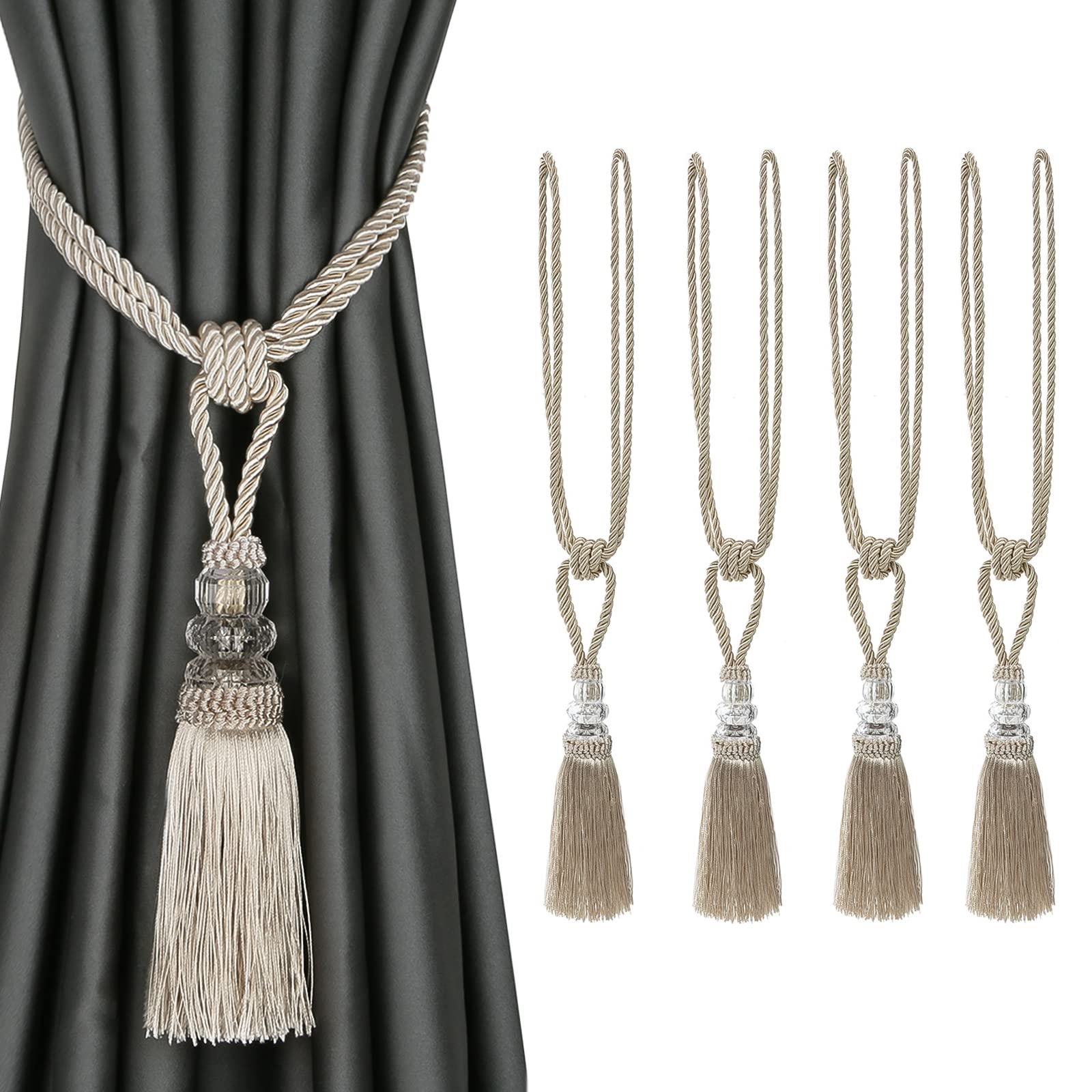 Tassel Curtain Tiebacks， Curtain Tiebacks Braided Crystal Rope 4 Pack Multicolor With Tassels(Beige)