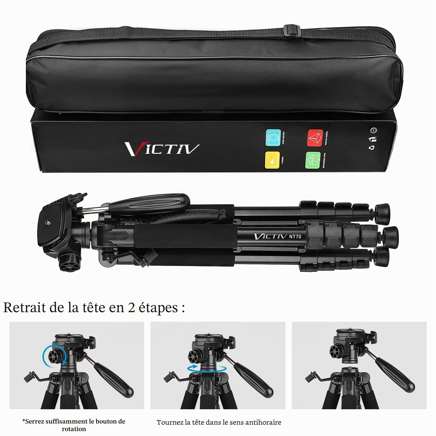 Trépied Appareil Photo pour Smartphone, Victiv 185cm Trépied Caméra en Alliage Aluminium Léger, avec tête pan Amovible à 3 Voies, Trepieds Photo Compatible DSLR Nikon Canon Camera (Nouveau Améliorer)