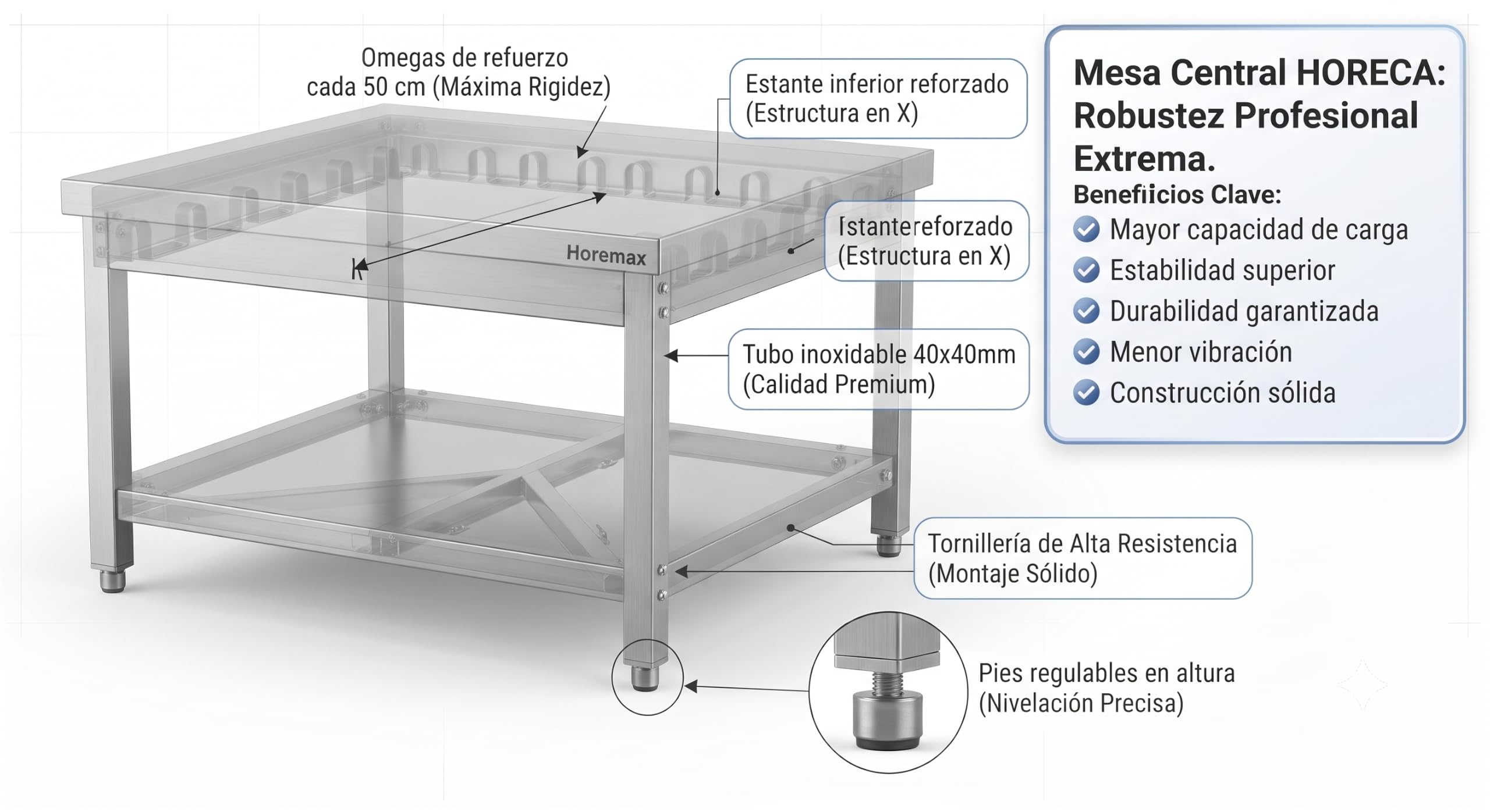 Mesa de Trabajo Central Baja de Acero Inoxidable AISI 304 con Estante Inferior, Mesa Auxiliar para Cocina Industrial y Hostelería, 700 x 600 x 600 mm
