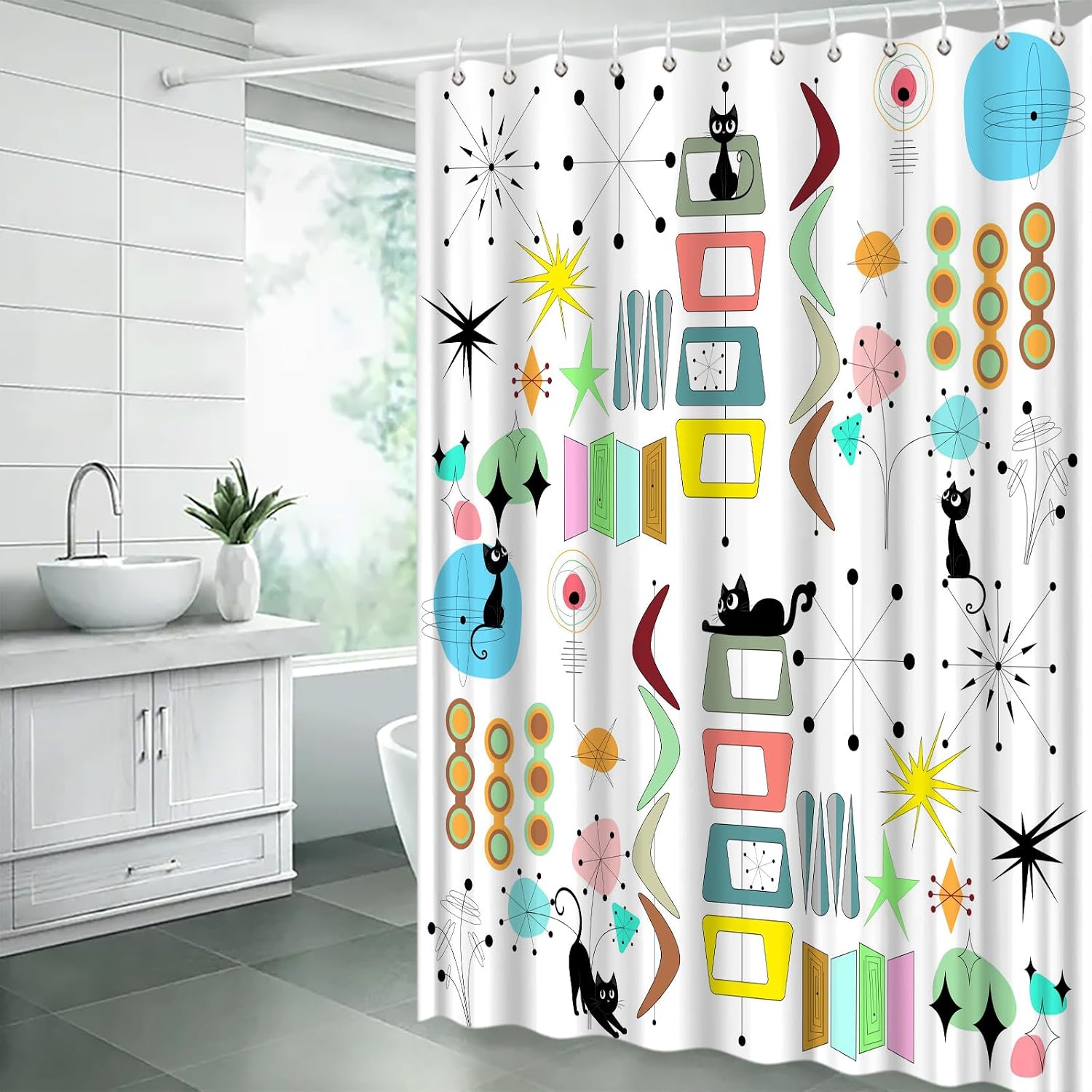 Mid Century Modern Shower Curtain Black Cat Retro Atomic Sputnik Boomerangs Abstract Geometric Iconic 50s 60s Vintage Aesthetics Art Polyester Fabric Bath Decor Curtain with Hooks