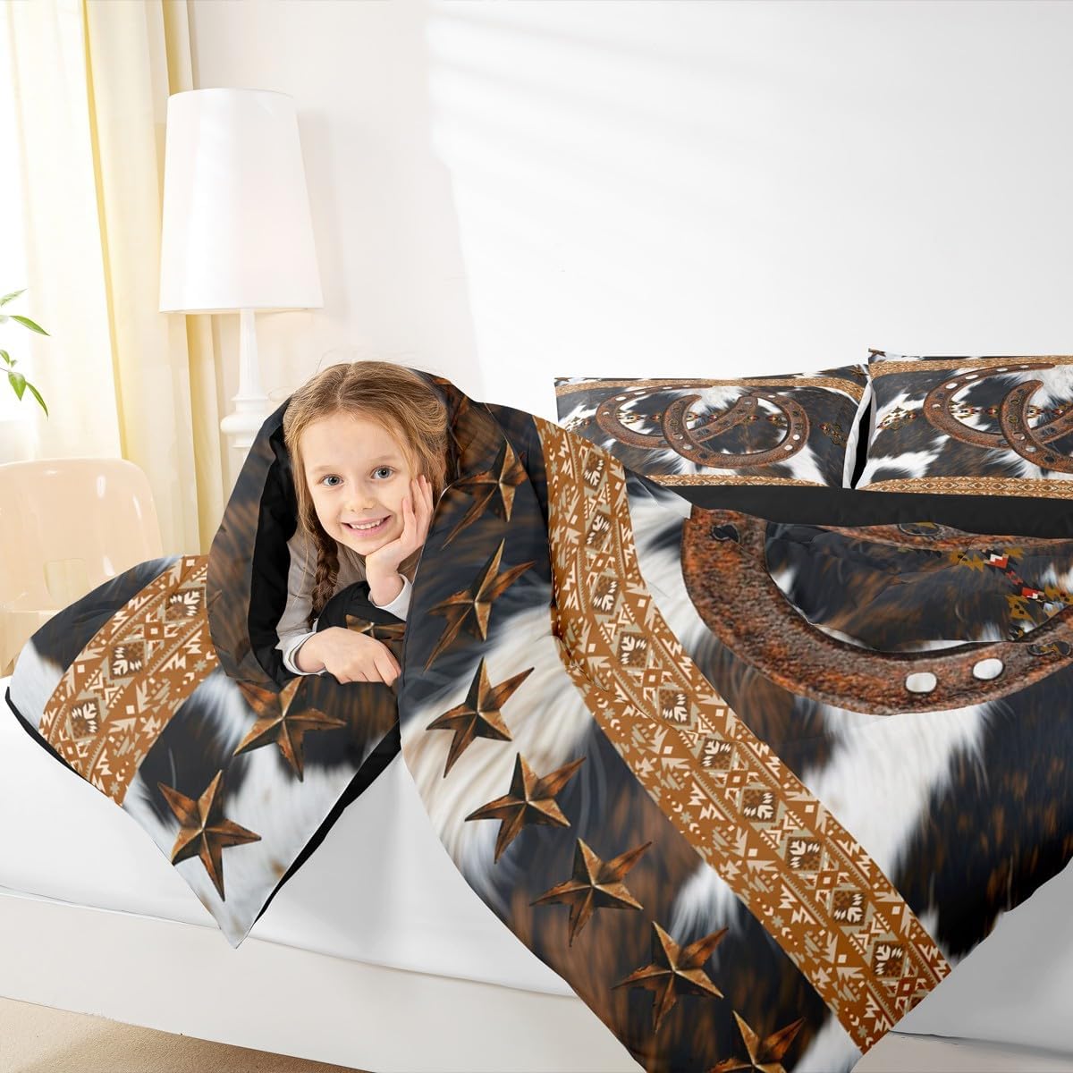 Western Cowboy Comforter Set Twin Size,Rustic Horseshoes Stars Southwest Bedding Set for Kids Boys Men,Fur Cowhide Print Aztec Tribal Quilted Duvet Set with 1 Pillowcase