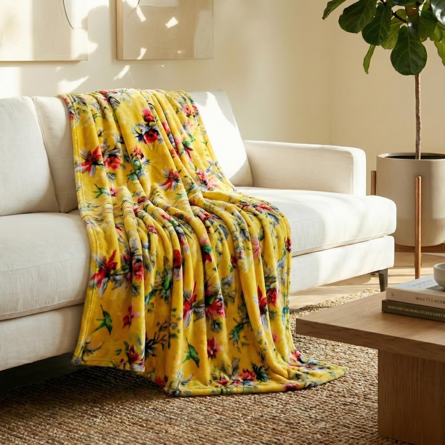 DaDa Bedding Tropical Farmhouse Hummingbird Throw Blanket - Rustic Yellow Fleece Bright Super Soft Faux Mink - Cozy & Lightweight - 63" x 90