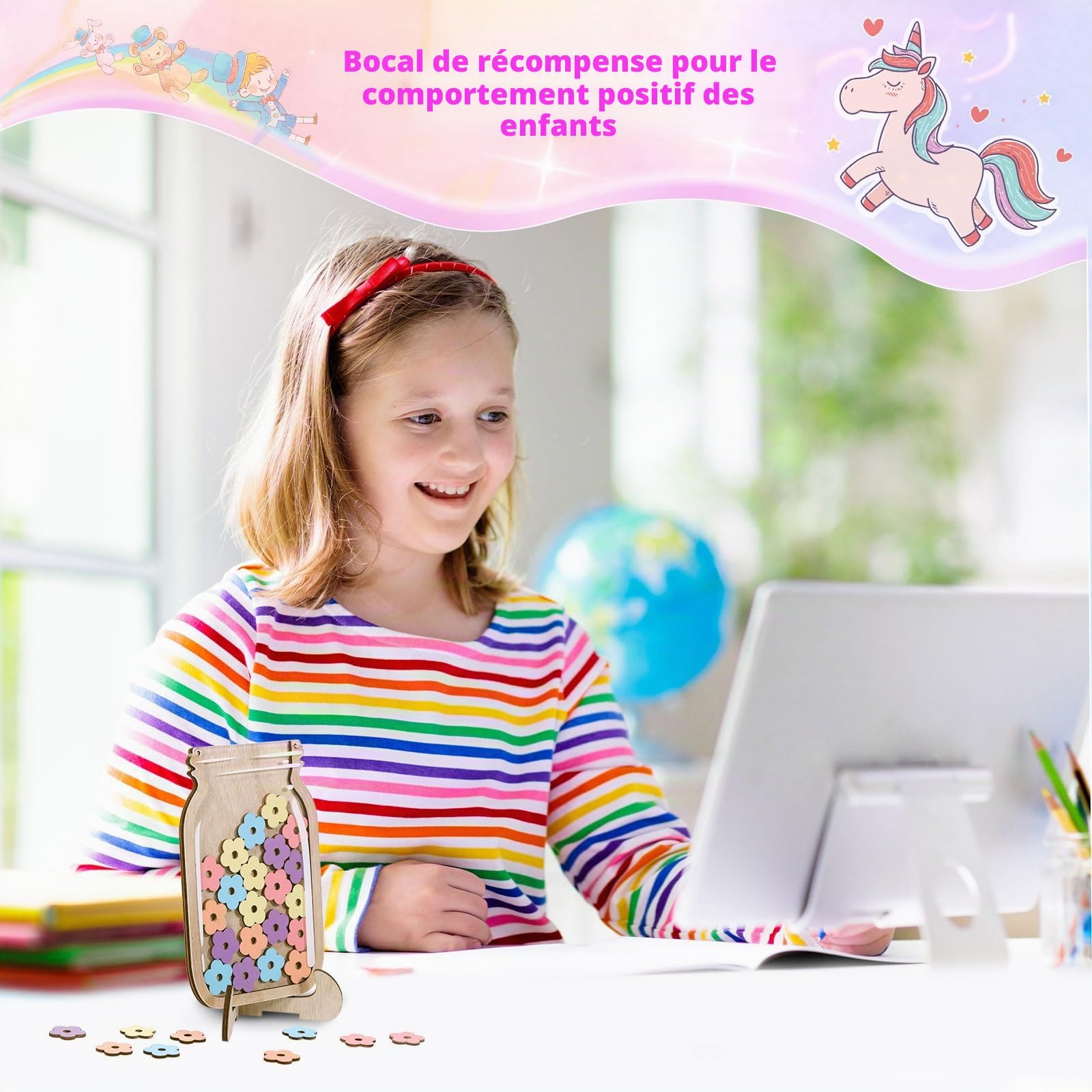 JIANTA Bocal de Récompense Enfants Magnétique Tableau Comportement Classe Reward Jar 30 Fleurs