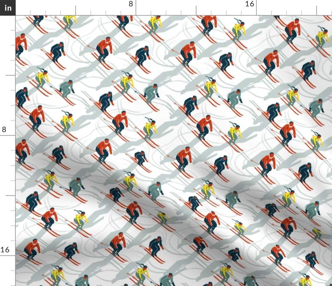 Spoonflower Fabric - Ski Carnival Vintage Style Skiing Snow Winter Scene Red Blue White Printed on Petal Signature Cotton Fabric by The Yard - Sewing Quilting Apparel Crafts Decor