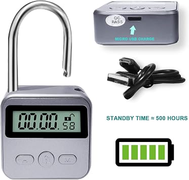 Metal Time Padlock - Time Management Tool Timer 99 Hours Max Timing with LCD Display Micro USB Rechargeable Silver
