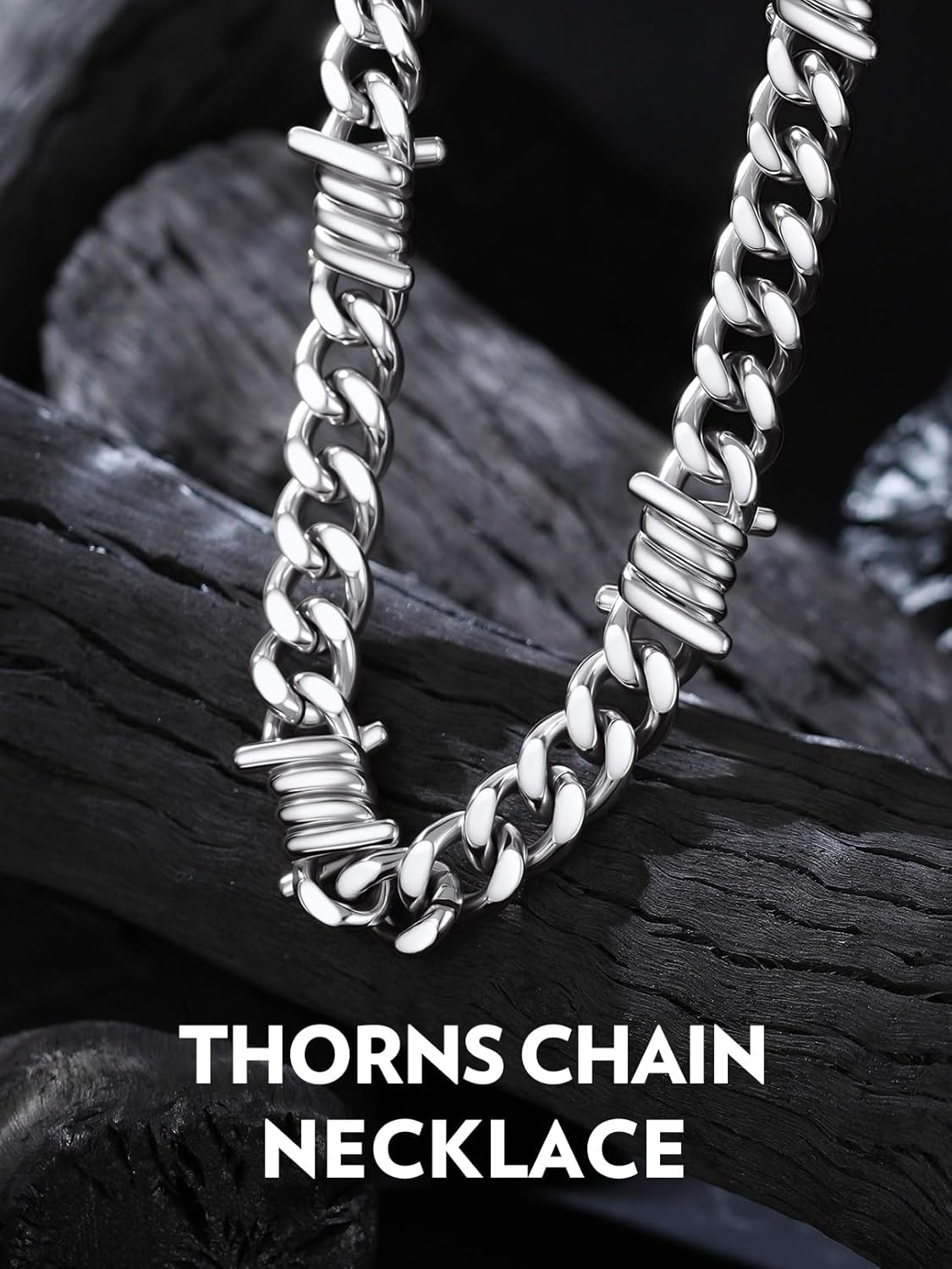 Bandmax Barbed Wire Cuban Chain Necklace for Women Men Stainless Steel/Black Thorns Choker Necklaces 16 Inch-22 Inch Punk Emo Chains Jewelry -Gift Packed - Image 2