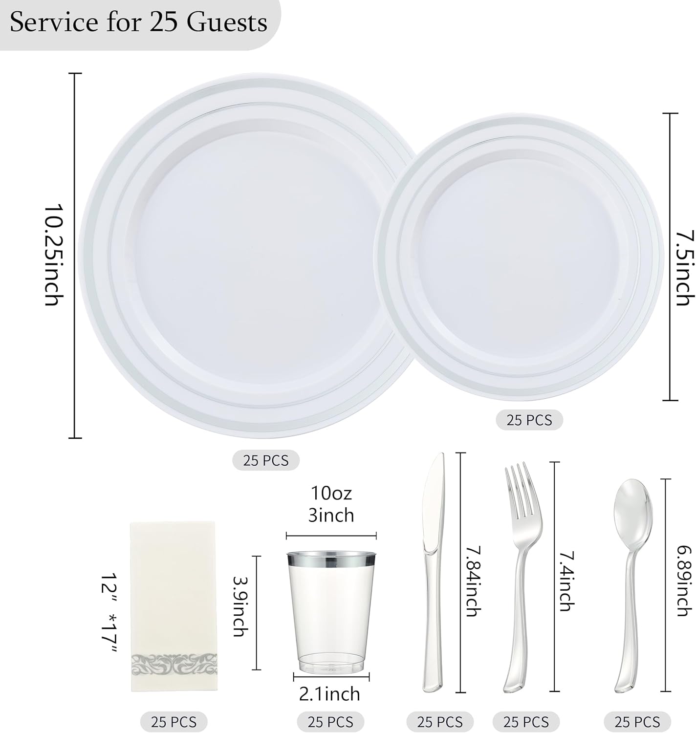 175 PCS Silver Dinnerware Set for 25 Guests, Silver Rimmed Heavy Duty Plastic Disposable Plates for Party Wedding with 25 Dinner Plates,Dessert Plates, Silverware Set, Cups, Napkins - Image 3