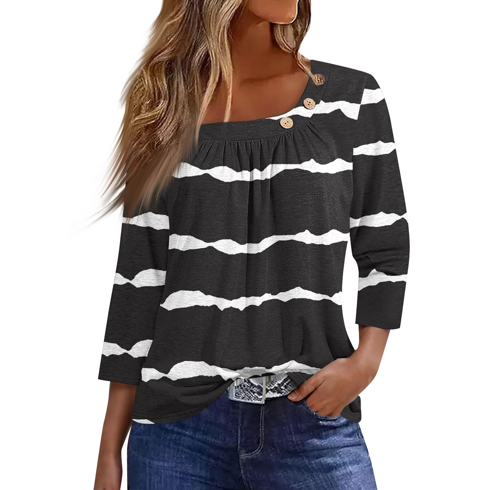 SCBFDI Ropa De Mujer, Camiseta Mujer Verano Manga De Siete Puntos Tops Moda Sportiva Cuello Redondo a Rayas Blusas Ligero Volante, Camisa Mujer Elegante