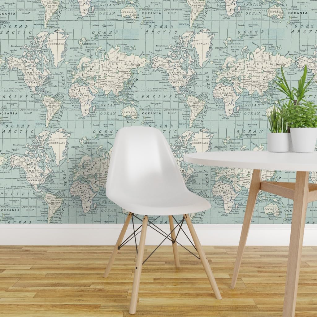 Removable Wallpaper Swatch - Soft Blue Cream World Map Vintage Gray White Cheater Quilt Geography Travel Baby Boy Room Custom Pre-pasted Wallpaper by Spoonflower