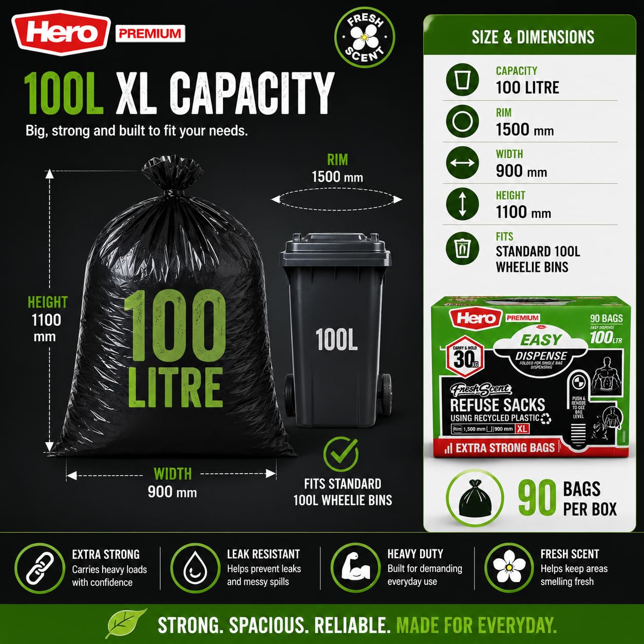 Hero Bolsas de basura perfumadas negras de 100 L, fáciles de dispensar, paquete plano de 90 unidades