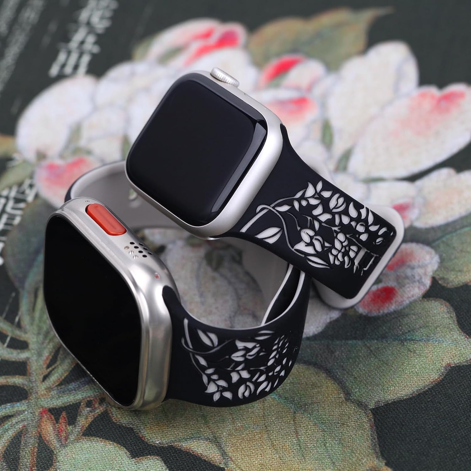 Cute Cat Engraved Apple Watch Bands for Women, Floral Silicone Strap Compatible with iWatch Series 11 10 9 8 7 SE (38mm 40mm 41mm 42mm), Wisteria Flower Pattern Replacement Band image 5