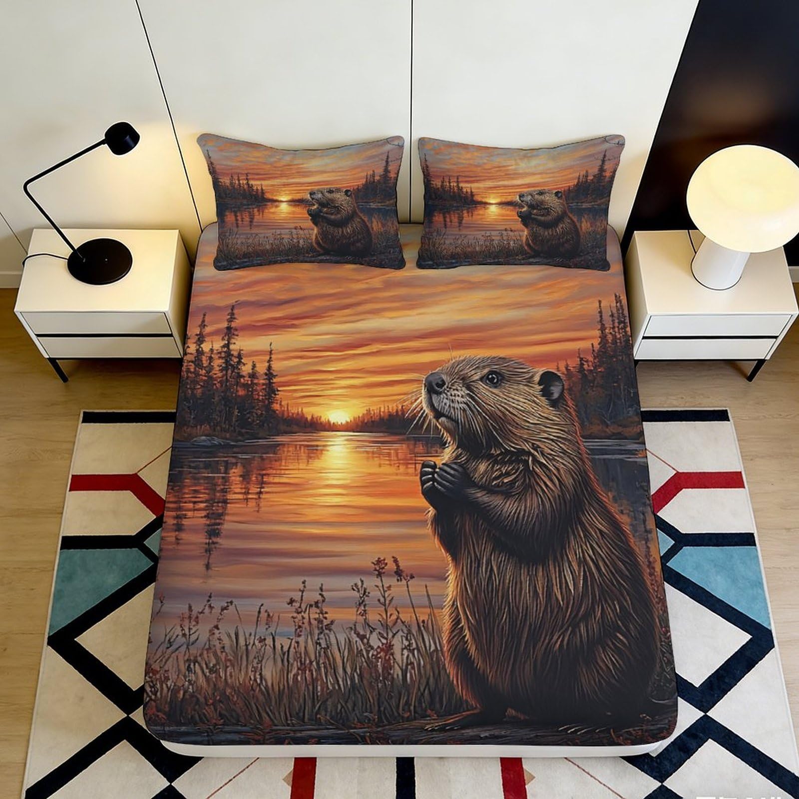 3D Printed Sunset Lake Fitted Sheet Microfiber Soft Beaver Bed Cover for Bedroom Guest Room Dorm Decor Mattress Protection 90x200x25cm