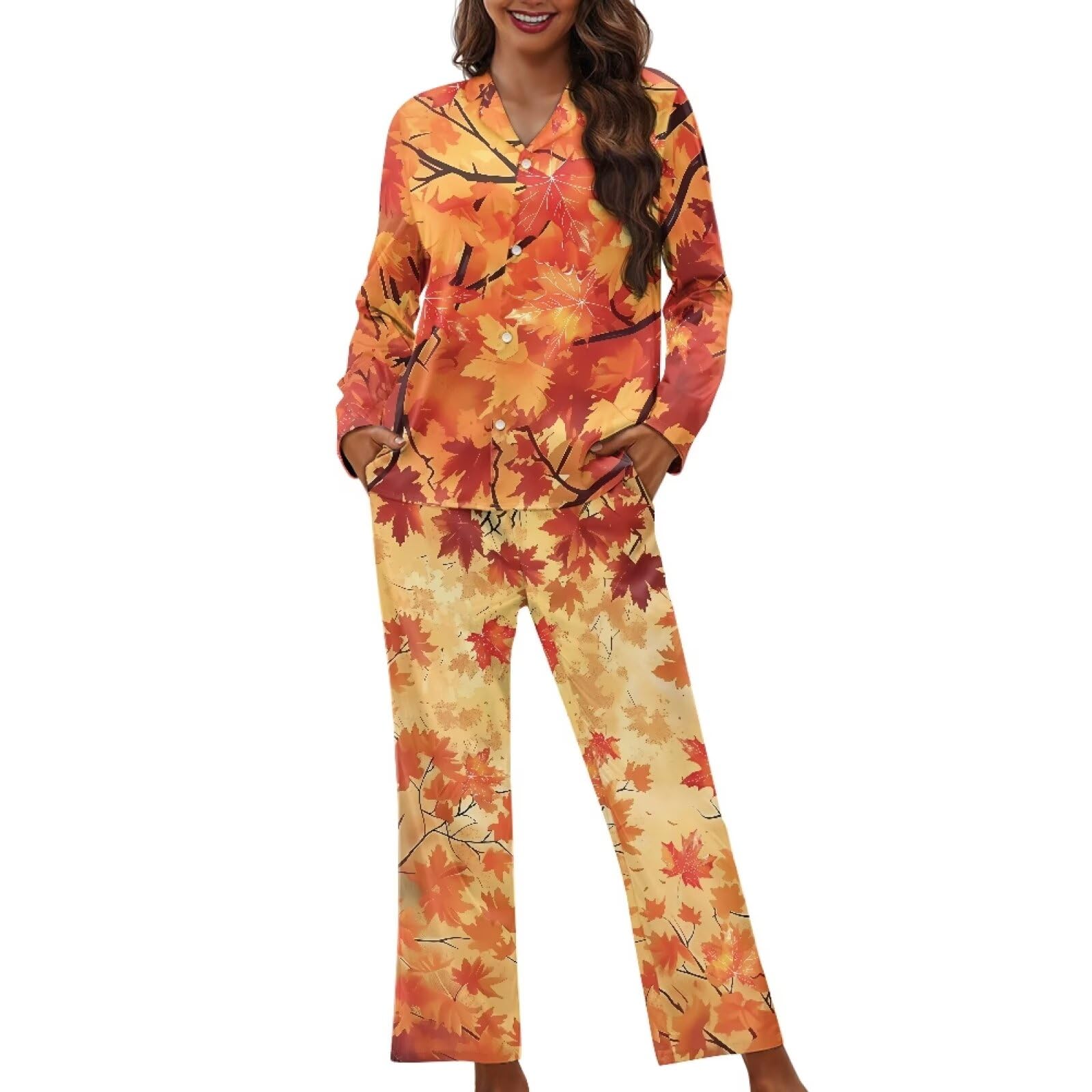 Biyejit Conjunto de pijama para mujer, estilo casual, con botones, cuello en V, bolsillos y bolsillo, tallas XS-4XL, 2 piezas, Hojas de arce otoñales, 4XL
