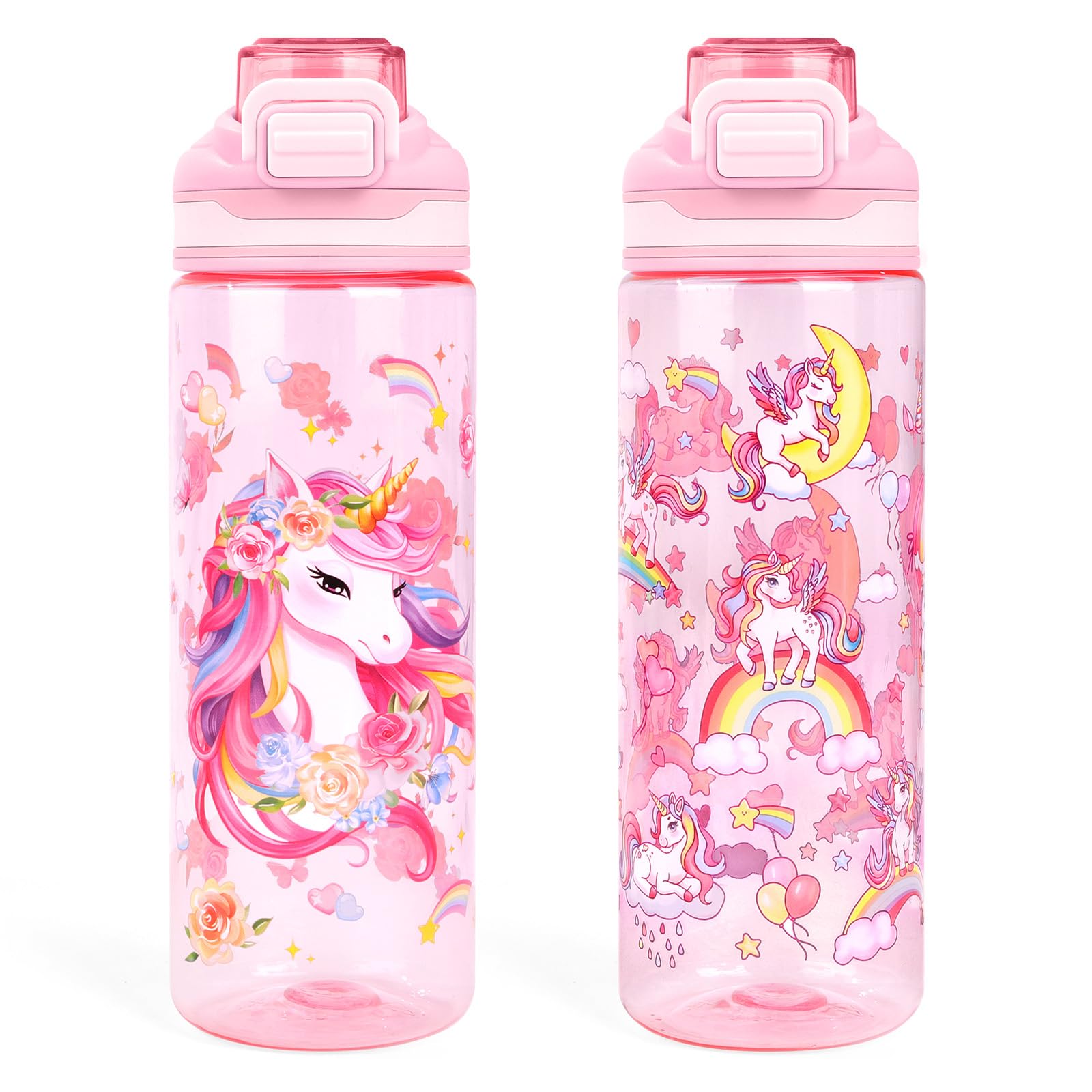 Kids Water Bottle with Handle,2 Packs BPA Free Childrens Water Bottle,650ml Leakproof Sport Bottle for Girls Teens Ages 3+,Tritan Drinking Bottle for School Travel Gym-Unicorn Flower+Unicorn Rainbow