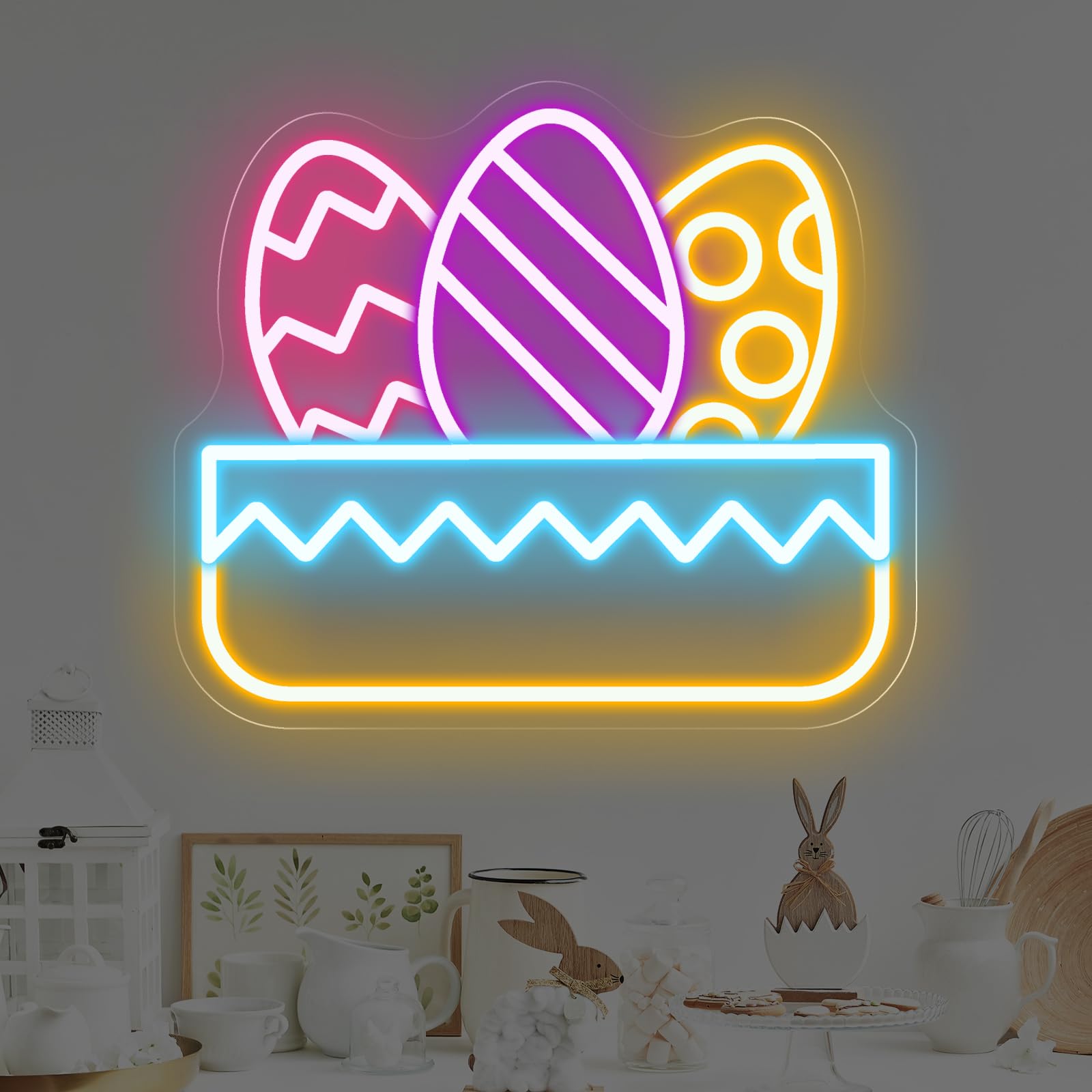 Easter Eggs Neon Sign, 13.8" x 12" Colorful Eggs in Basket LED Wall Light for Happy Easter Day, Living Room, Party, Kids Room, Holiday Decor