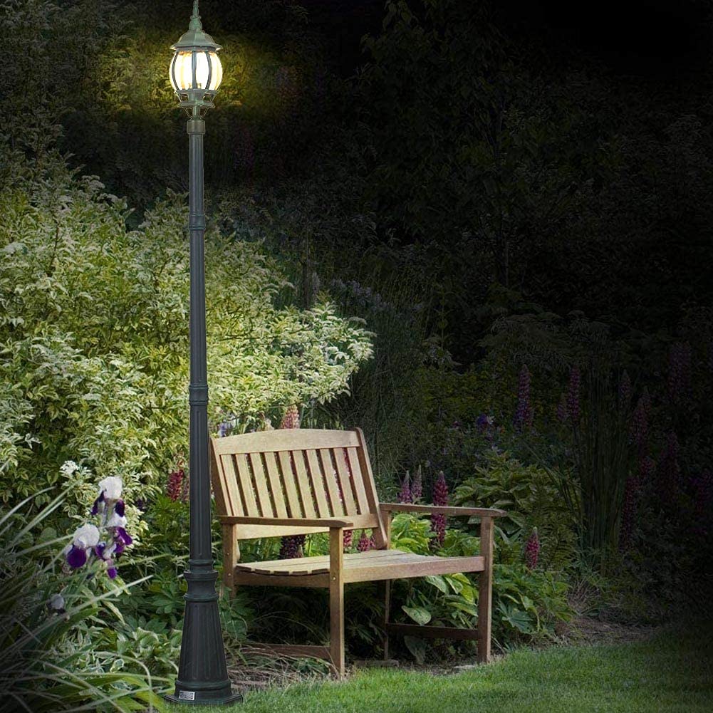 BAKAJI Farola victoriana clásica de jardín de aluminio lámpara farol color gris acabado envejecido verde bronce IP44 E27 (1 luz 200 cm)