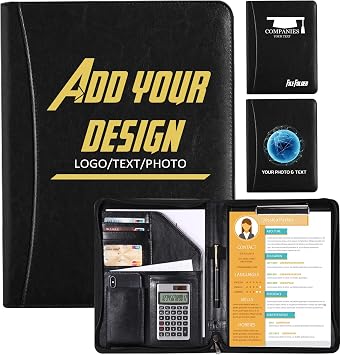 Personalized Zippered Padfolio with Custom Logo/Text/Photo - Leather Planner Binder and Portfolio Folder for Documents - A4/Letter Size with Business Card Holder for Men & Women Black