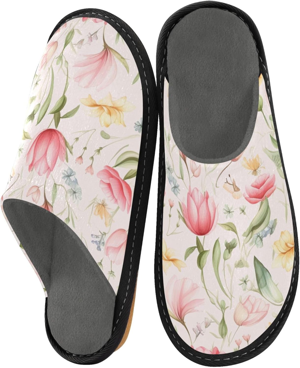 Floral Garden Flower Butterfly House Slippers – Cozy Fuzzy Slippers for Guests, Washable & Disposable, Perfect for Shoeless Home, Spa & Hotel Use A110190