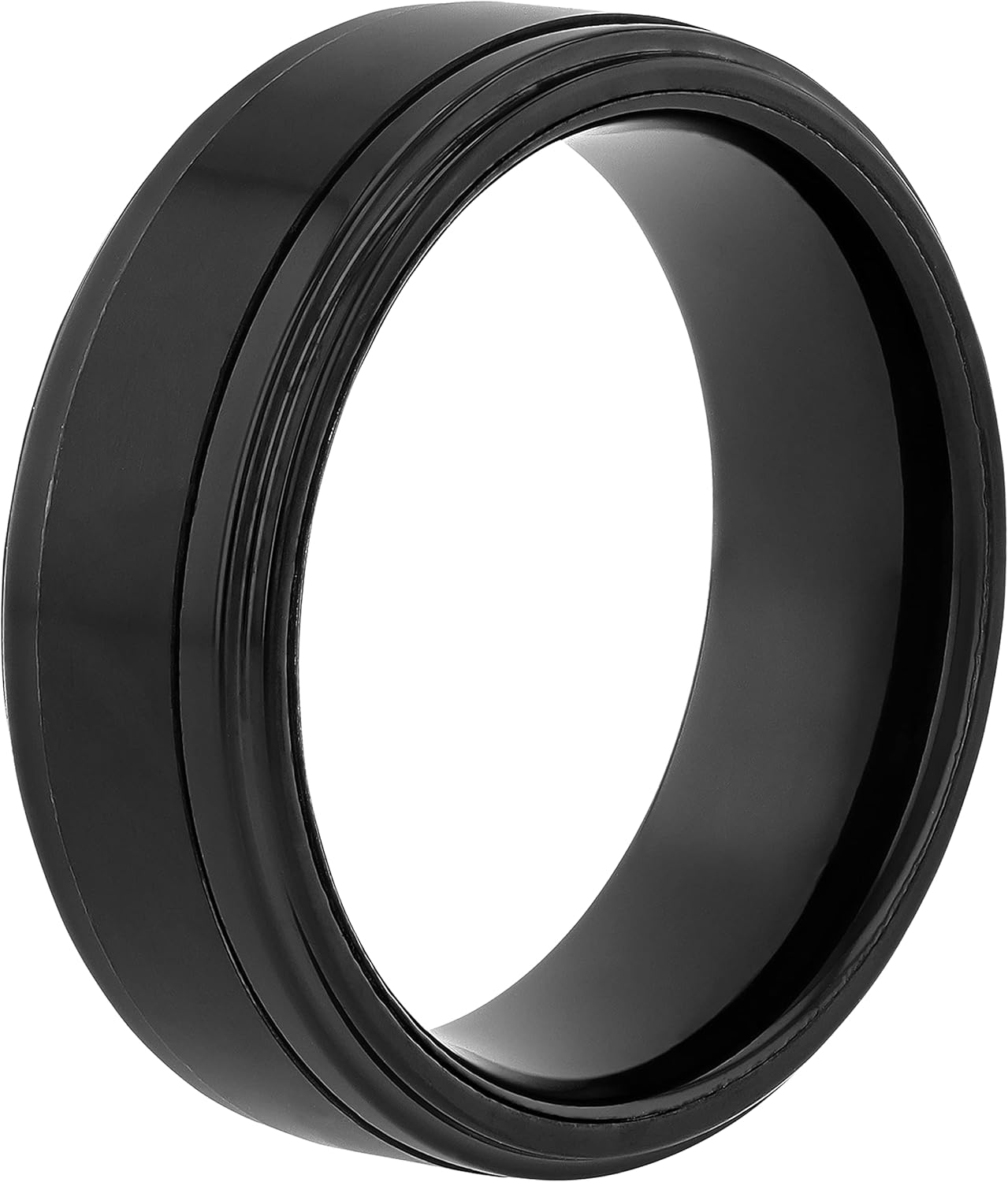 Tantalum Carbide 8mm Matte Black Satin Finish with Forged Carbon Fiber Center and Step Edge Men’s Wedding Band Ring