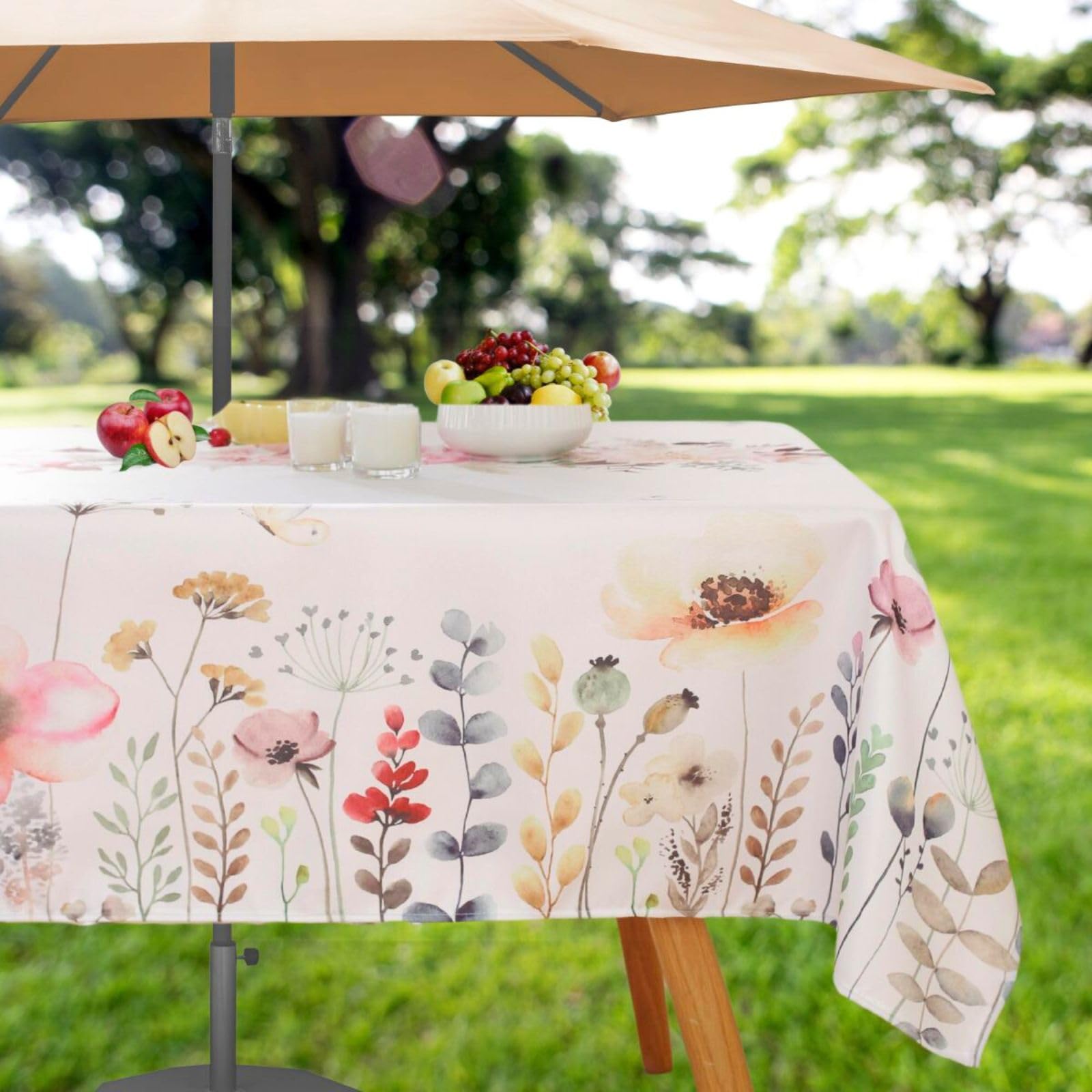 Honellaty Outdoor Tablecloth with Umbrella Hole and Zipper, Summer Printed Rectangular Tablecloths, Spill-Proof Floral Table Cover for Patios, Lawns,