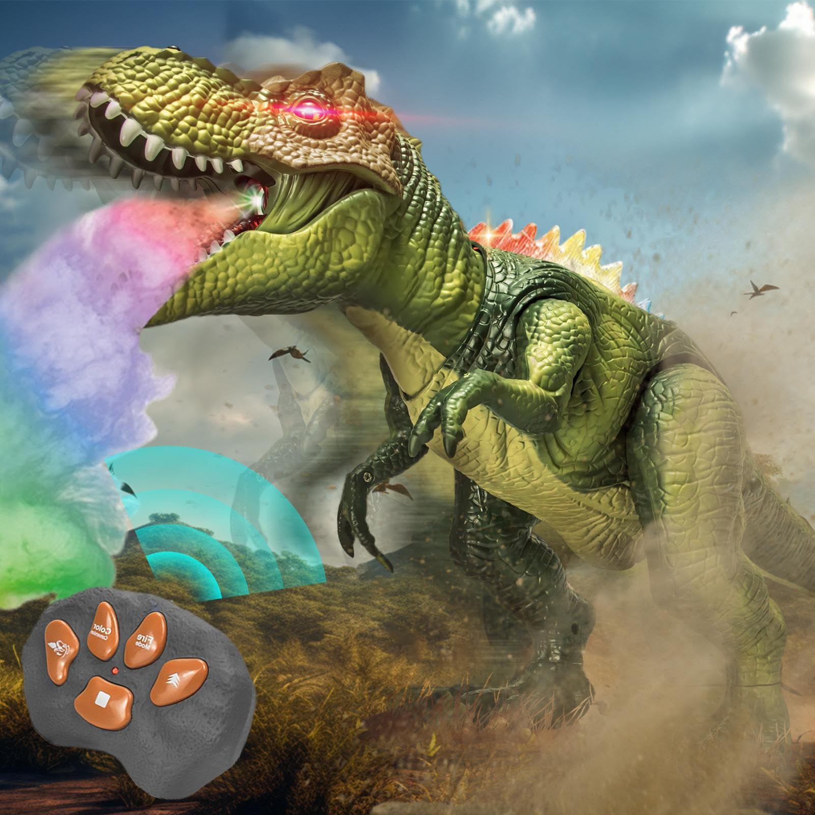 Générique Dinosaure Télécommandé,Dinosaure Électrique avec Lumières et d'eau | Animal Lumineux Marcheur avec Vaporisation pour Jardin Extérieur Maison École Maternelle