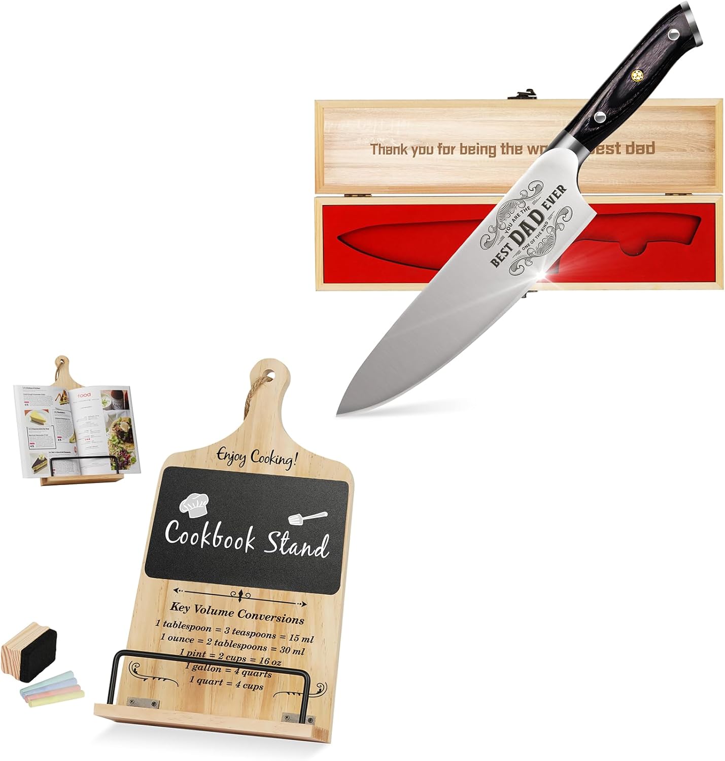 Gifts for Dad Christmas from Daughter Son, Best Dad Ever Kitchen Knife Gift Set with Wooden Box Cookbook Stand for Kitchen Counter with Chalkboard Eraser, Unique Gifts for Women