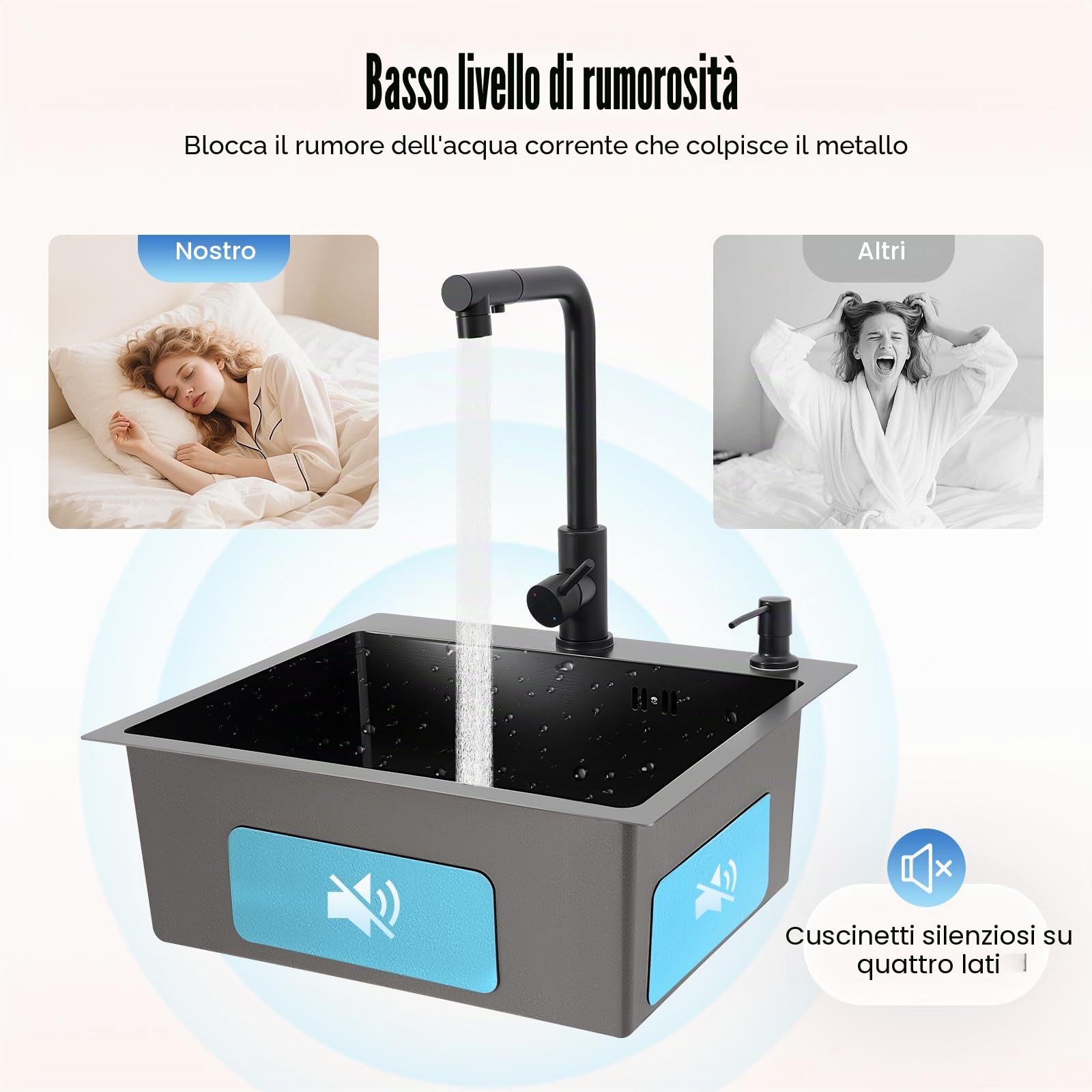 Lavello da cucina in acciaio inox, 50 x 45 cm, 1 vasca, nero con rubinetto estraibile, lavello da incasso, con dispenser per sapone, cestello, tubo di scarico