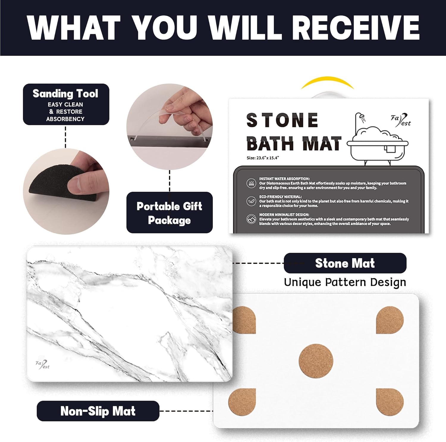 Stone Bath Mat,Diatomaceous Earth Shower Mat,Fast-Drying Stone Bathroom Floor Mat,Absorbent Non-Slip Diatomite Mats for Bathtub,White Marble