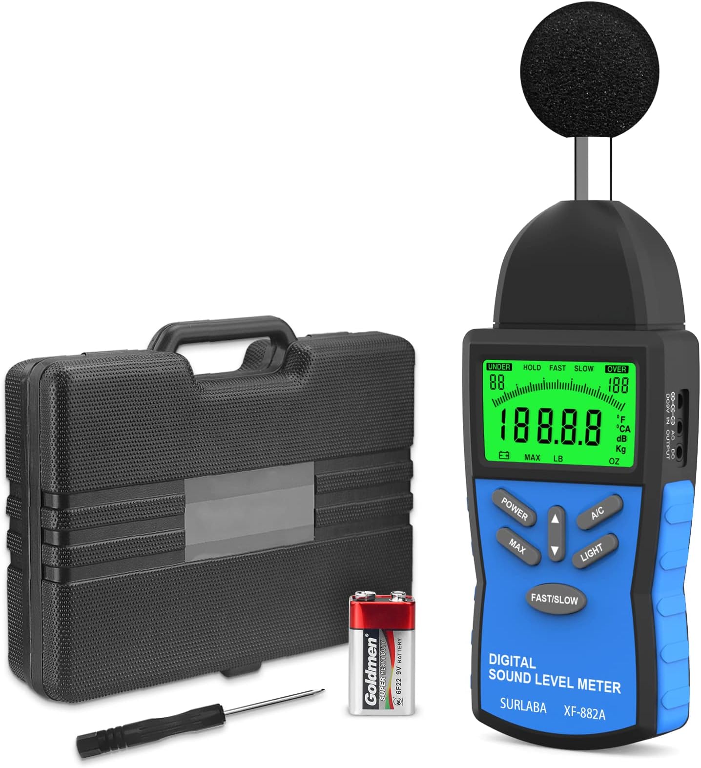Digital Decibel Meter, XF-882A Sound Level Meter 30-130 dB (A/C), High Accuracy ±1.5dB Audio Noise Volume Tester with Fast/Slow Time Weighting, Decibel Monitor for Sound Quality Control