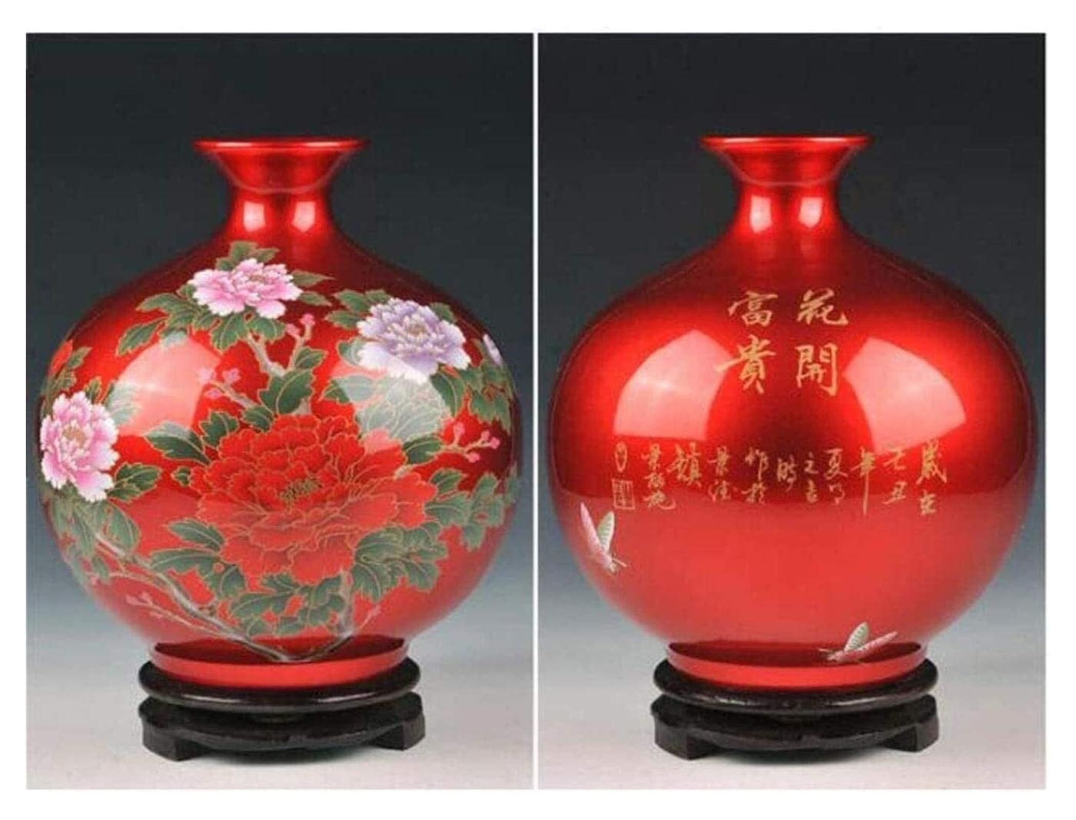 Vasen Vase aus Keramik, handgefertigt, mit Pfingstrosenmuster auf der Basis, kann im Arbeitszimmer, Hotel, Dekoration for Blumen platziert Werden (rot, 27 x 24 cm)