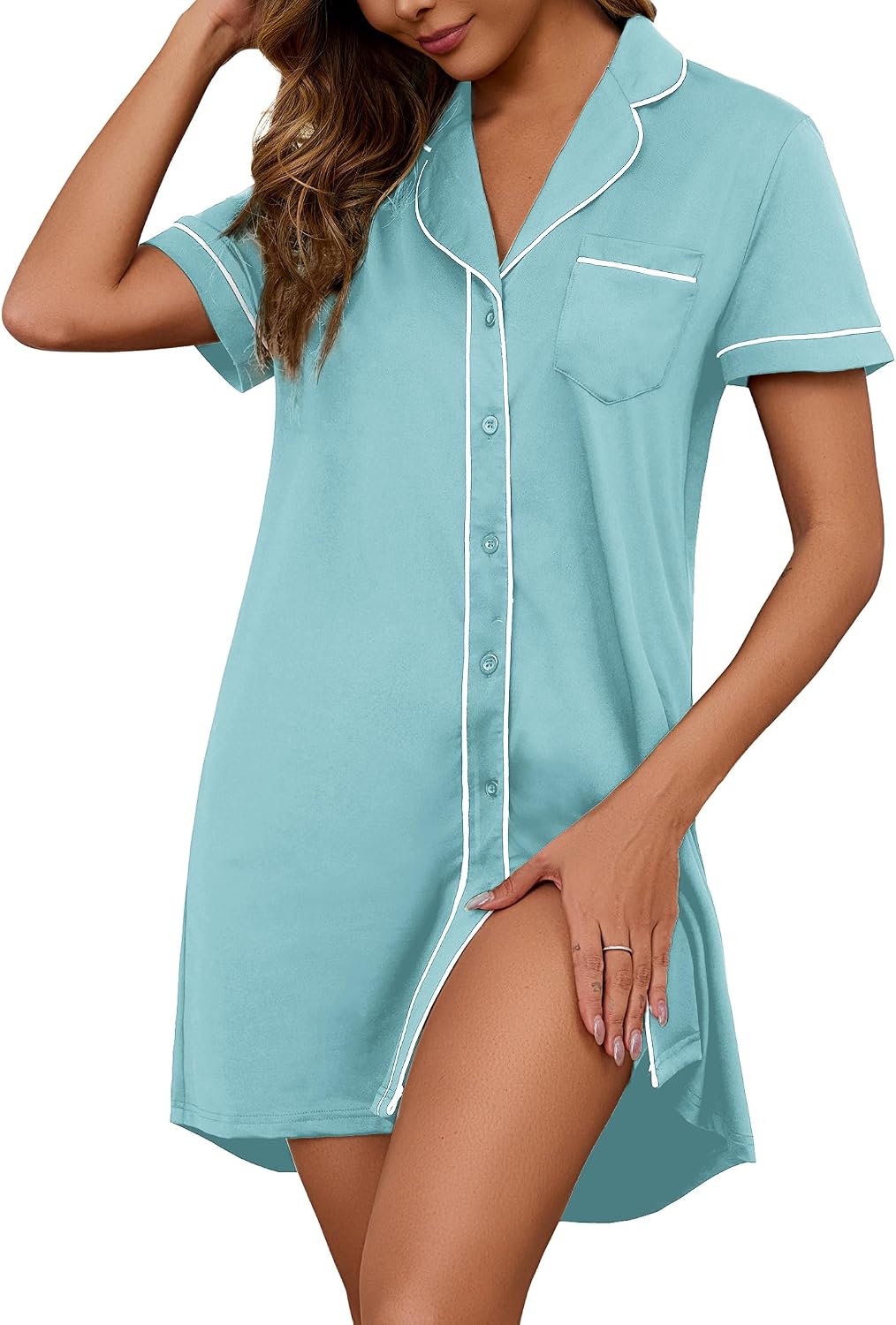 Nightgowns for Women Button Down Sleepshirt Short Sleeve Stripe Nightshirt Boyfriend Sexy Sleepwear