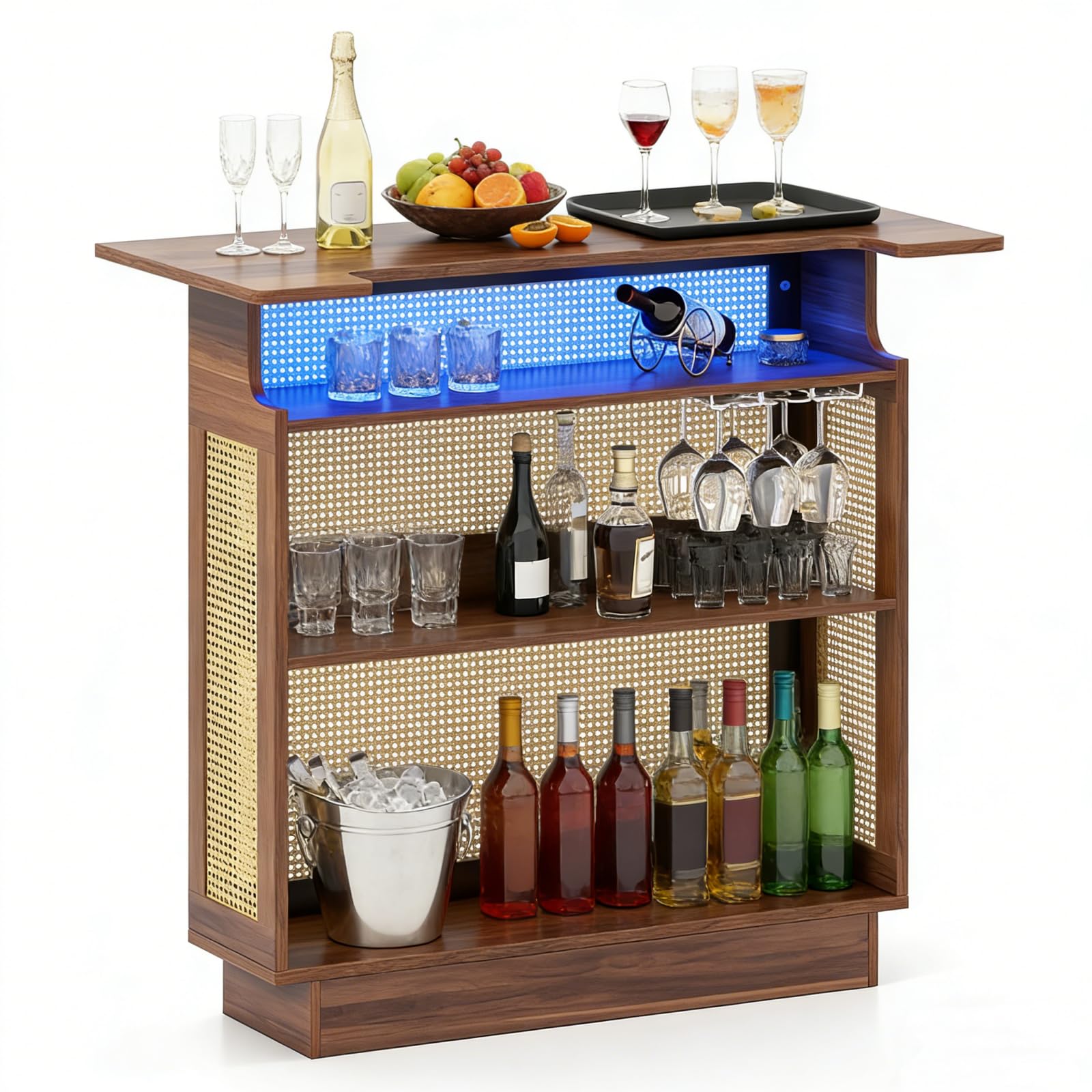 LIFEZEAL Mesa de bar de madera, barra de bar con iluminación LED, estantería de cocina de ratán con soporte para vasos y estantería, mesa de bistró, mesa de bar, diseño industrial, 55 x 120 x 110 cm