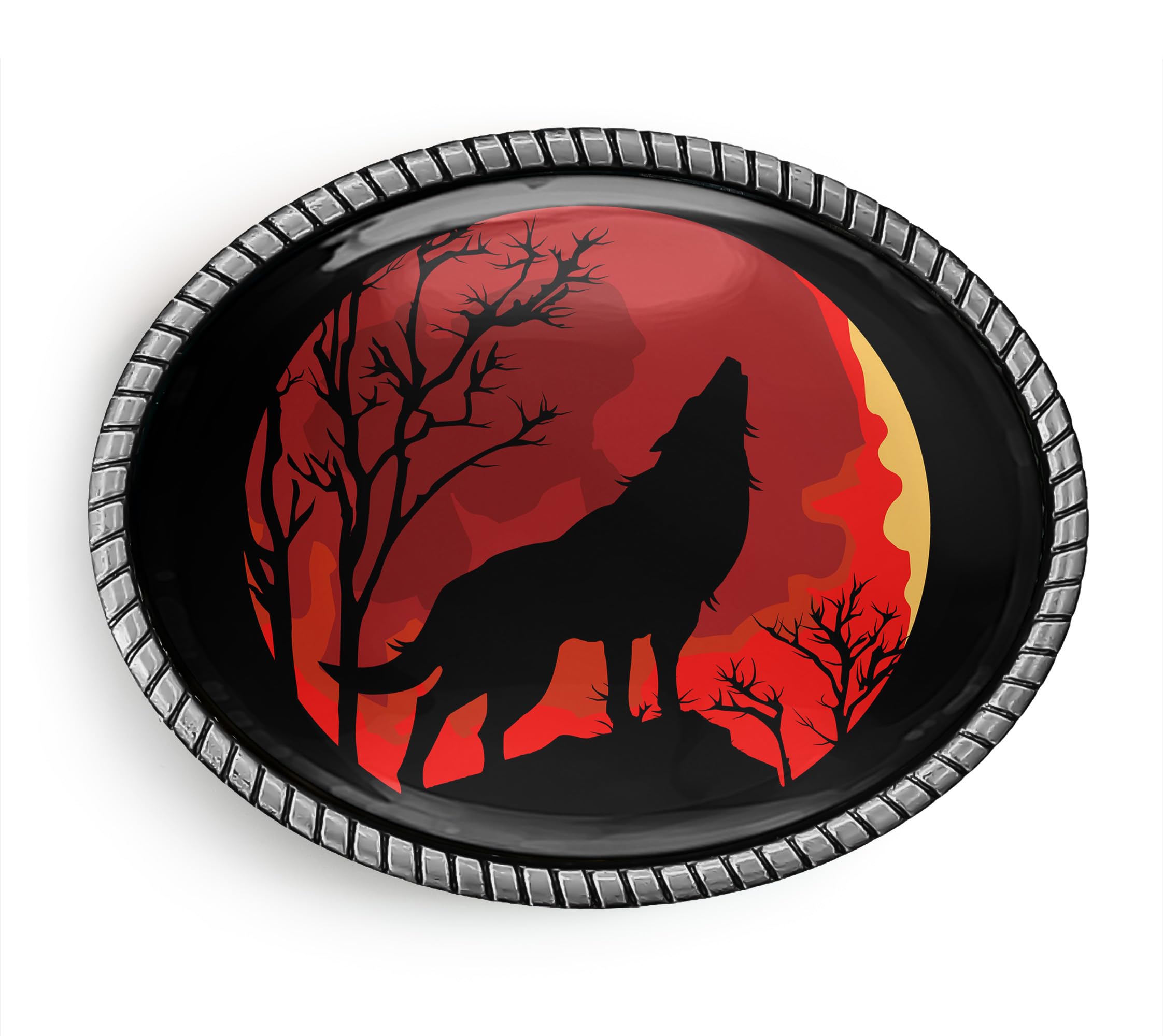 Wolf Belt Buckle - Howl at the Moon Handmade Oval Belt Buckle - 647 (Antique Silver)