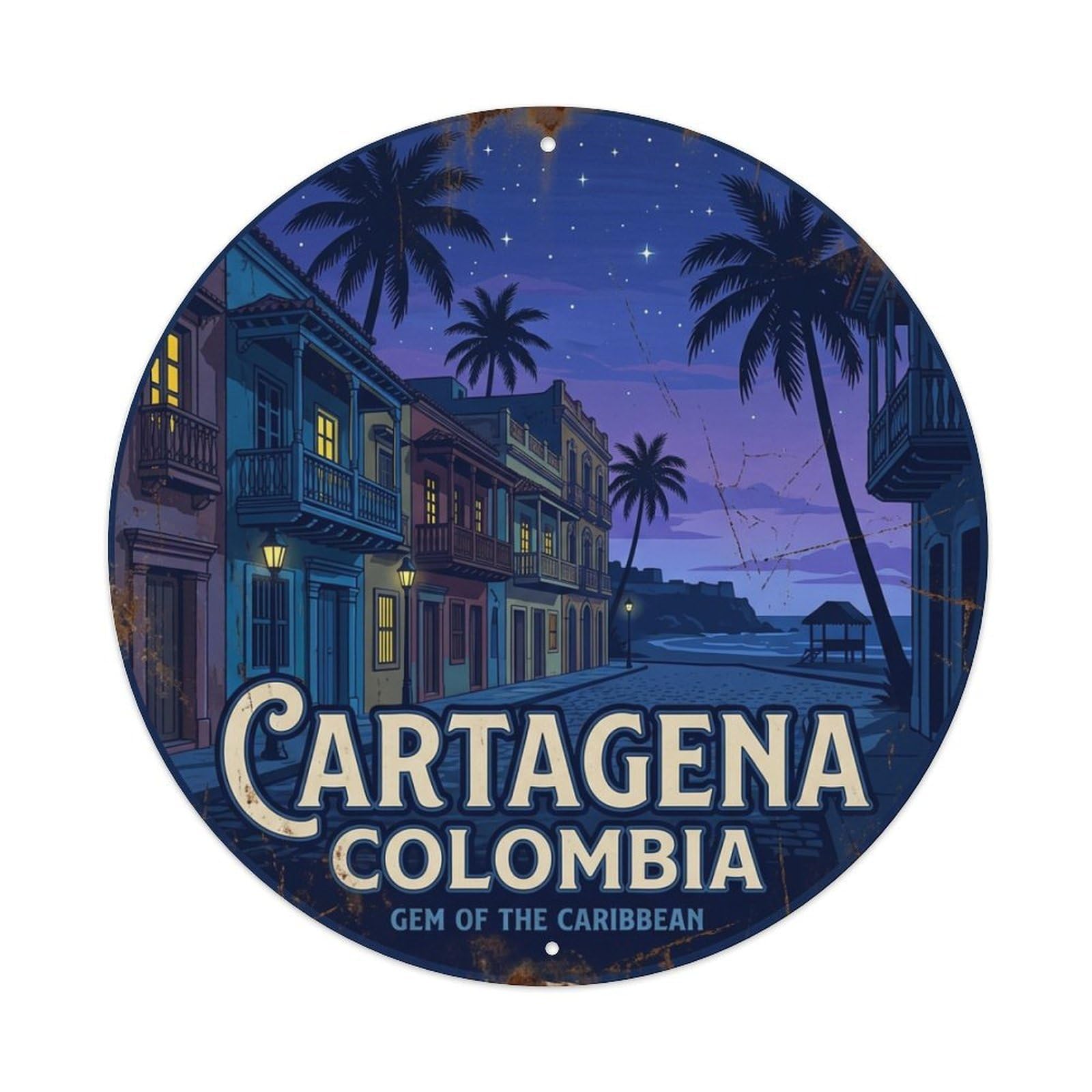 Metal Tin Sign Vintage Travel Cartagena Colombia Twilight