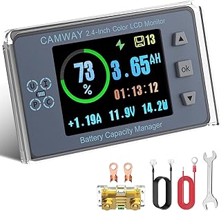 CAMWAY Shunt Battery Monitor 0-500A,8-120V,with 10FT Shielded Wire, High/Low Voltage Alarm,Power Off Memory,LCD Large Screen Battery Monitor Voltmeter Ammeter for RVs Golf Carts,Solar Systems,etc
