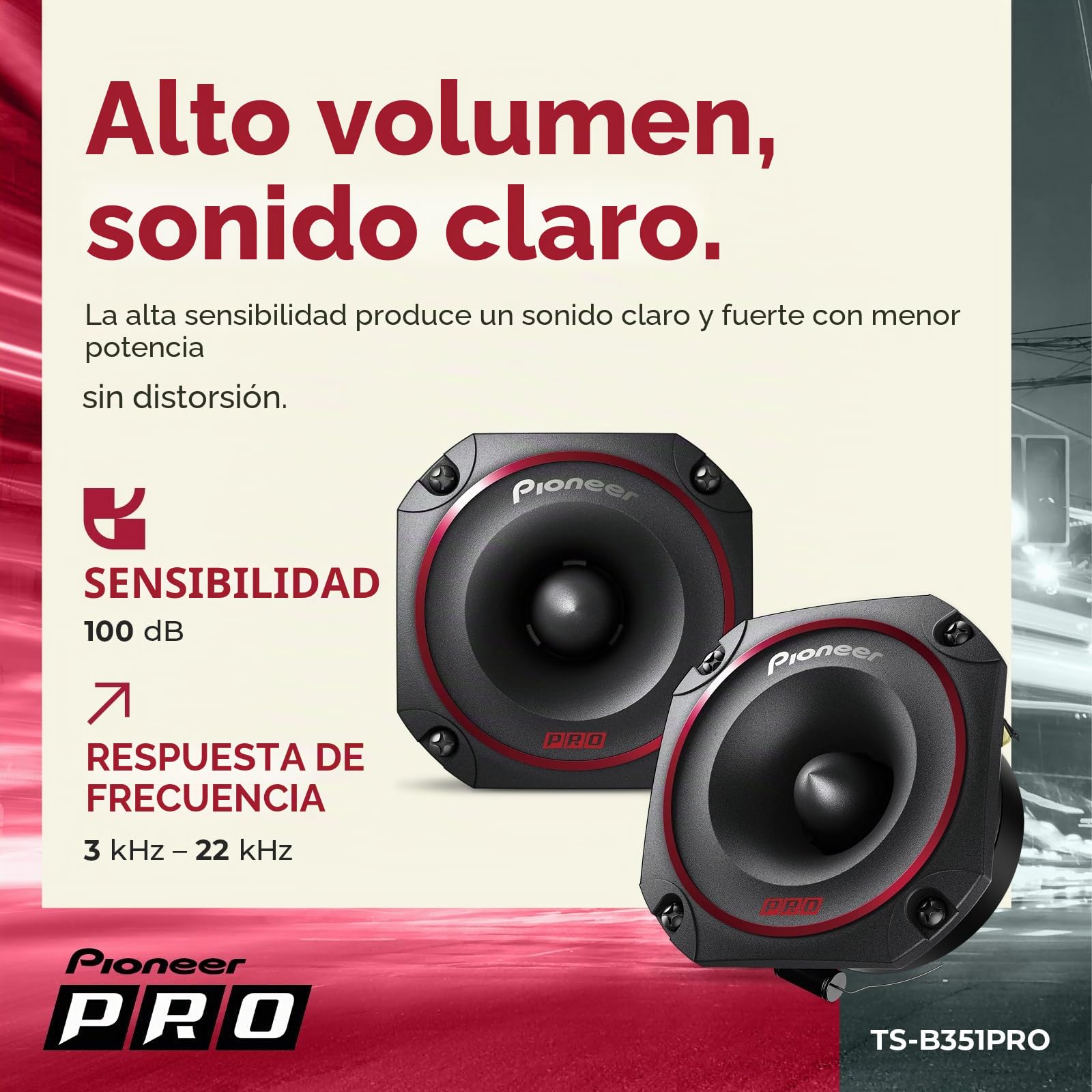 Pioneer TS-B351PRO P.R.O. Series 3-1/5.1 cm 300 W Potencia máxima, diafragma de Titanio, Tweeter de Bala de Alta eficiencia - Altavoz componente de la Serie Pro (par)
